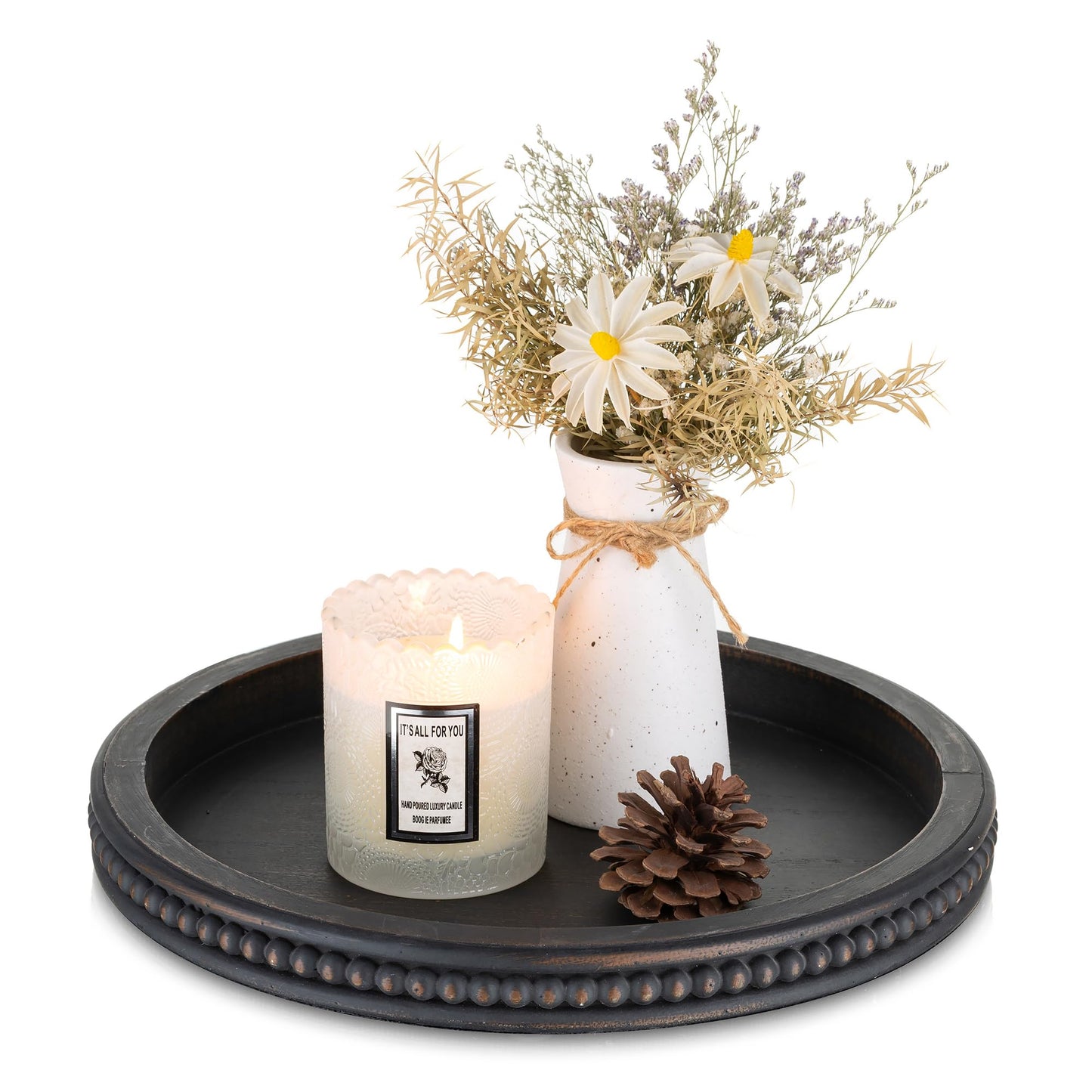 Hanobe Decorative Tray for Coffee Table: 10.5-Inch Round Whitewashed Wood Tray for Rustic Farmhouse Living Room Kitchen Island Entryway Home Decor BST326H