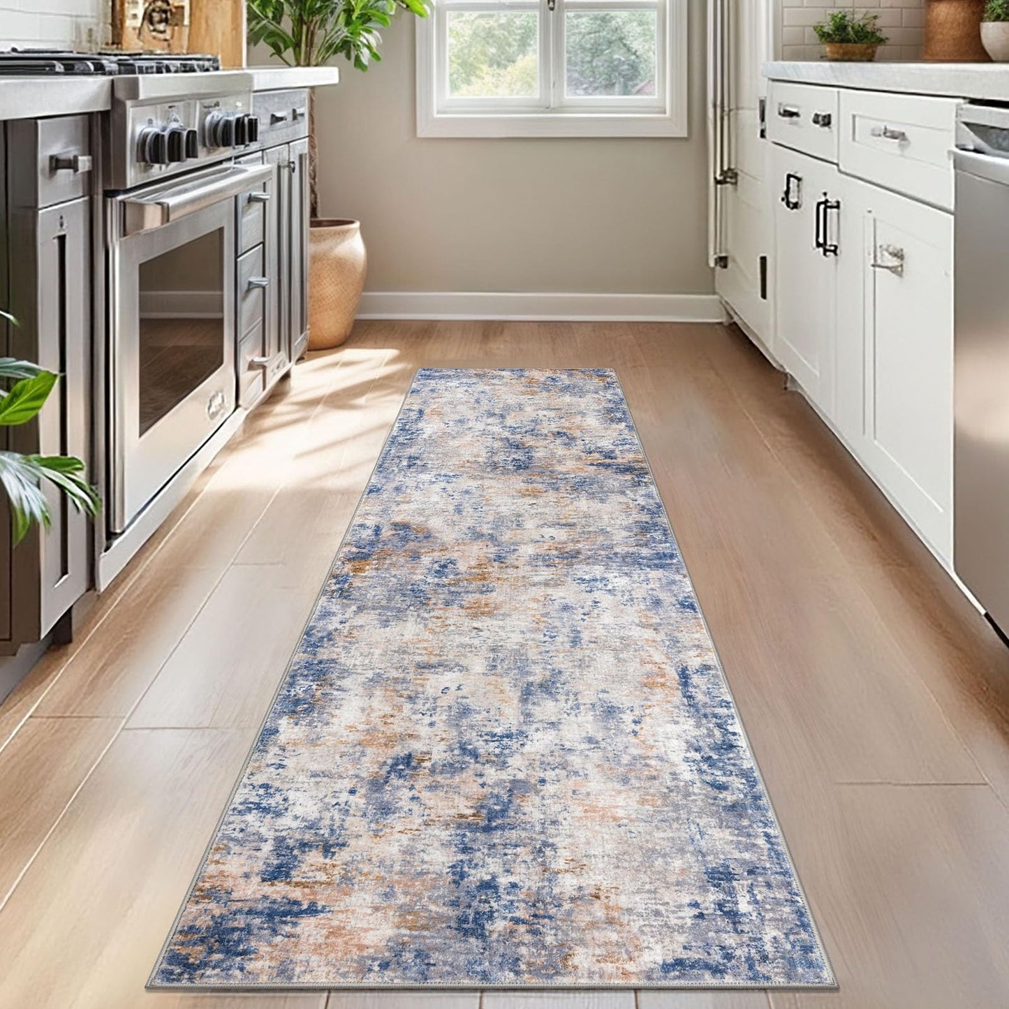 Lansny Modern Abstract Runner - 2x5, Beige Grey Washable Kitchen Entryway Rug Mat Non-Slip Soft Neutral Hallway Rug Thin Print Faux Wool Carpet for Bedroom Laundry Room Indoor BST220