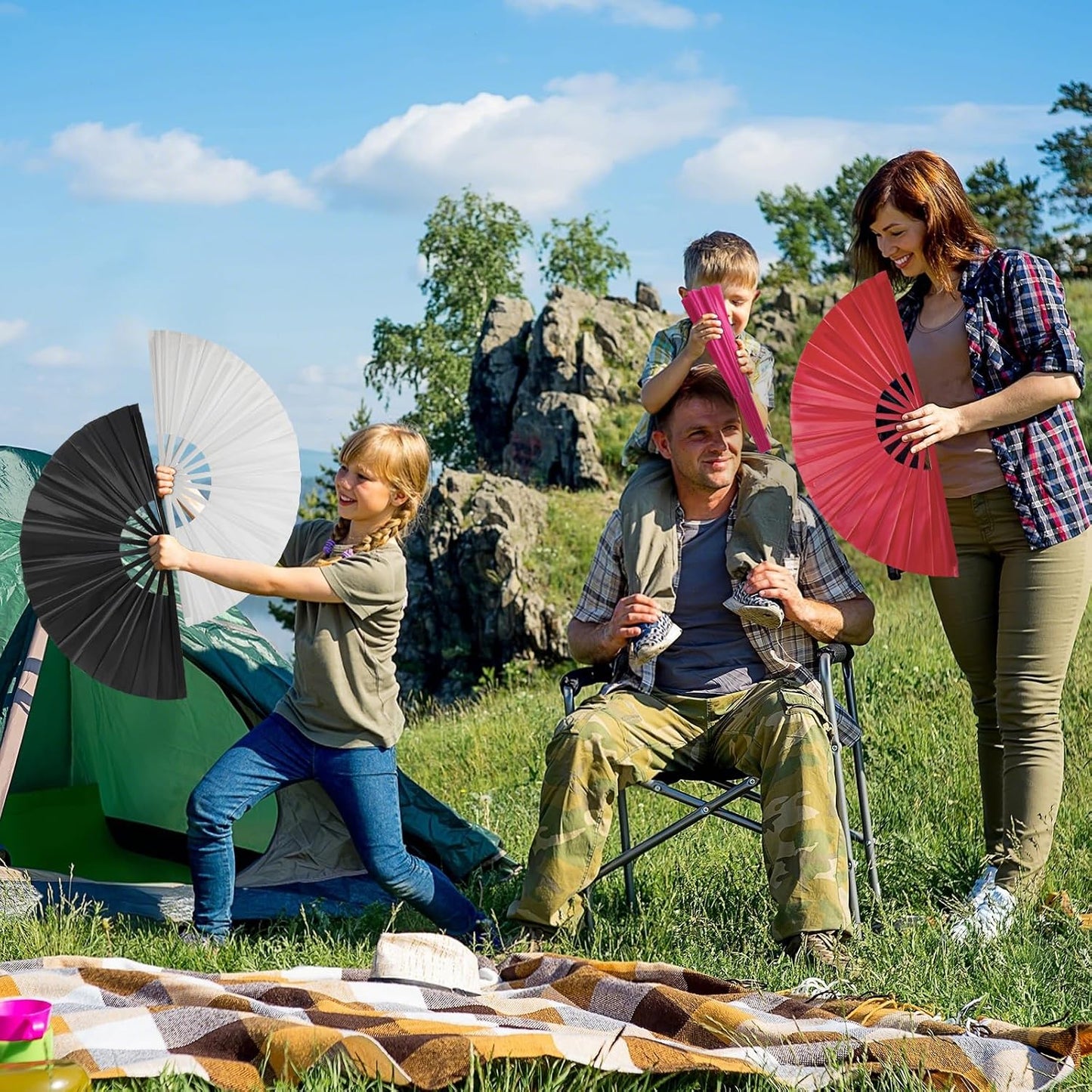 Handheld Folding Fan 13 Inch, Hand Fans for Women Foldable, Large Rave Fan, Dance Performance Prop Fan, Boots on the Ground Fan, Cool Fan on the Street Portable for Outdoor (1 Pcs Rose) WN420