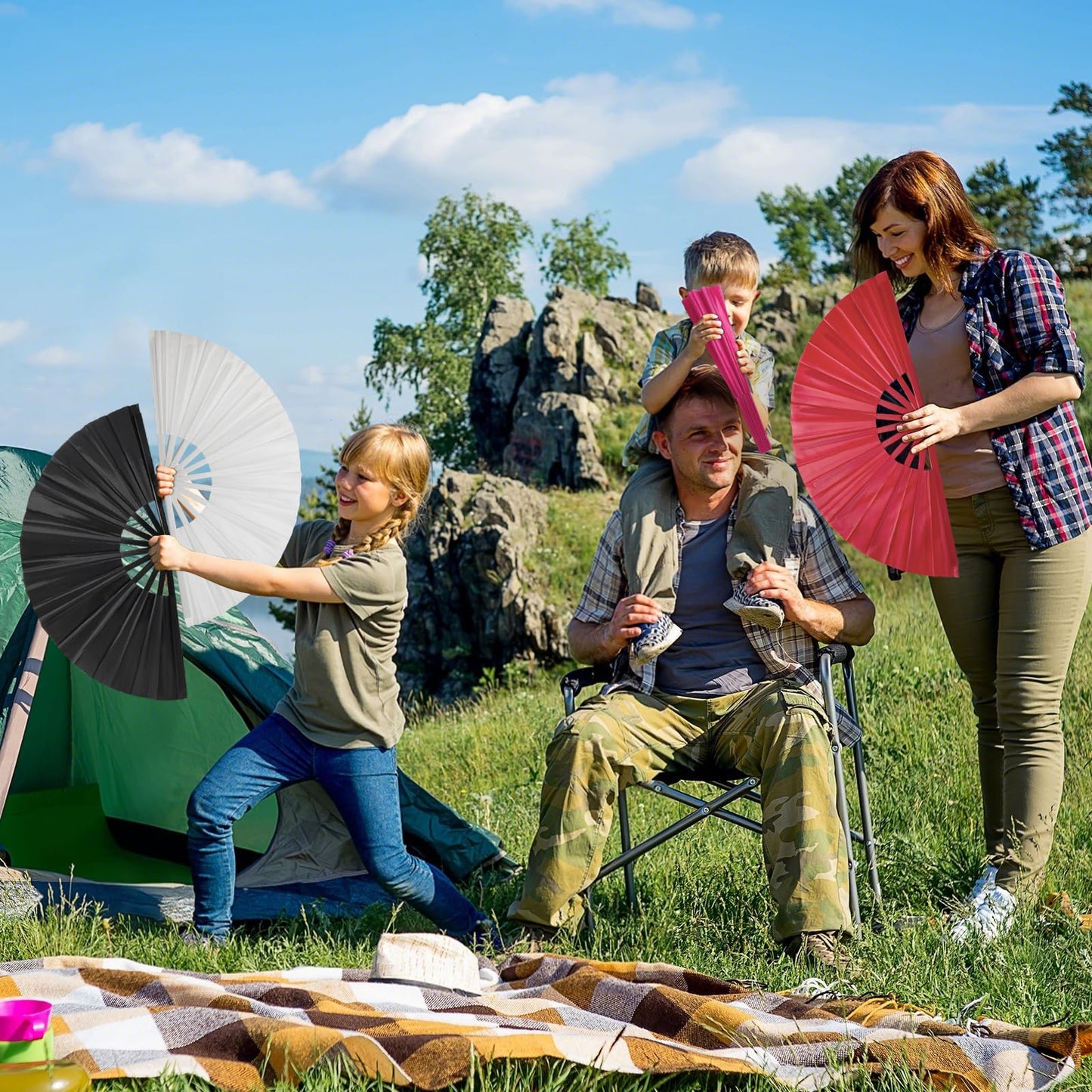 Handheld Folding Fan 13 Inch, Hand Fans for Women Foldable, Large Rave Fan, Dance Performance Prop Fan, Boots on the Ground Fan, Cool Fan on the Street Portable for Outdoor (1 Pcs Rose) WN420