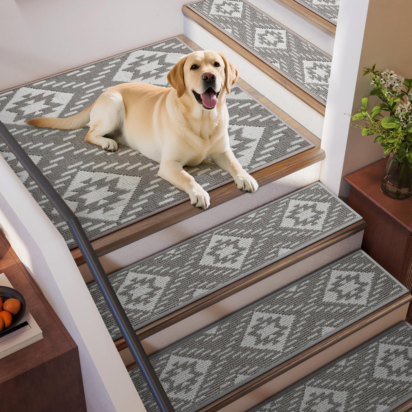 YDKGL Stair Treads Non Slip Indoor 4PCS, Rubber Backing Stair Runner Rugs for Wooden Steps, Residue Free Stair Carpet Treads for Kids Elders and Pets, Machine Washable Stair Mats, Gray, 8" x 30" WN420
