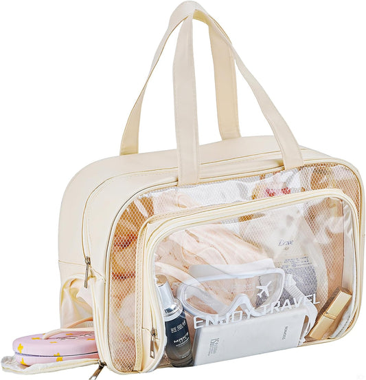 Waterproof Toiletry Bag – Large Capacity Clear PVC Beach Tote Bag, Portable Unisex Travel Makeup Organizer for Swimming, Gym, and Vacation (Beige) BST326H