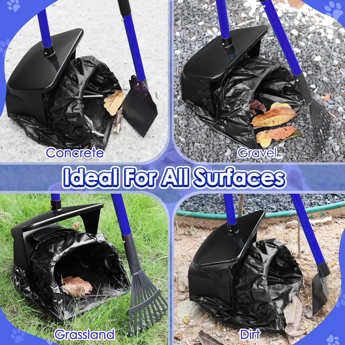 SlowTon Dog Pooper Scooper - 37.4" Long Metal Handle Adjustable Rake & Spade & Swivel Bin with 10 Waste Bags, Portable Pooper Scooper N3233