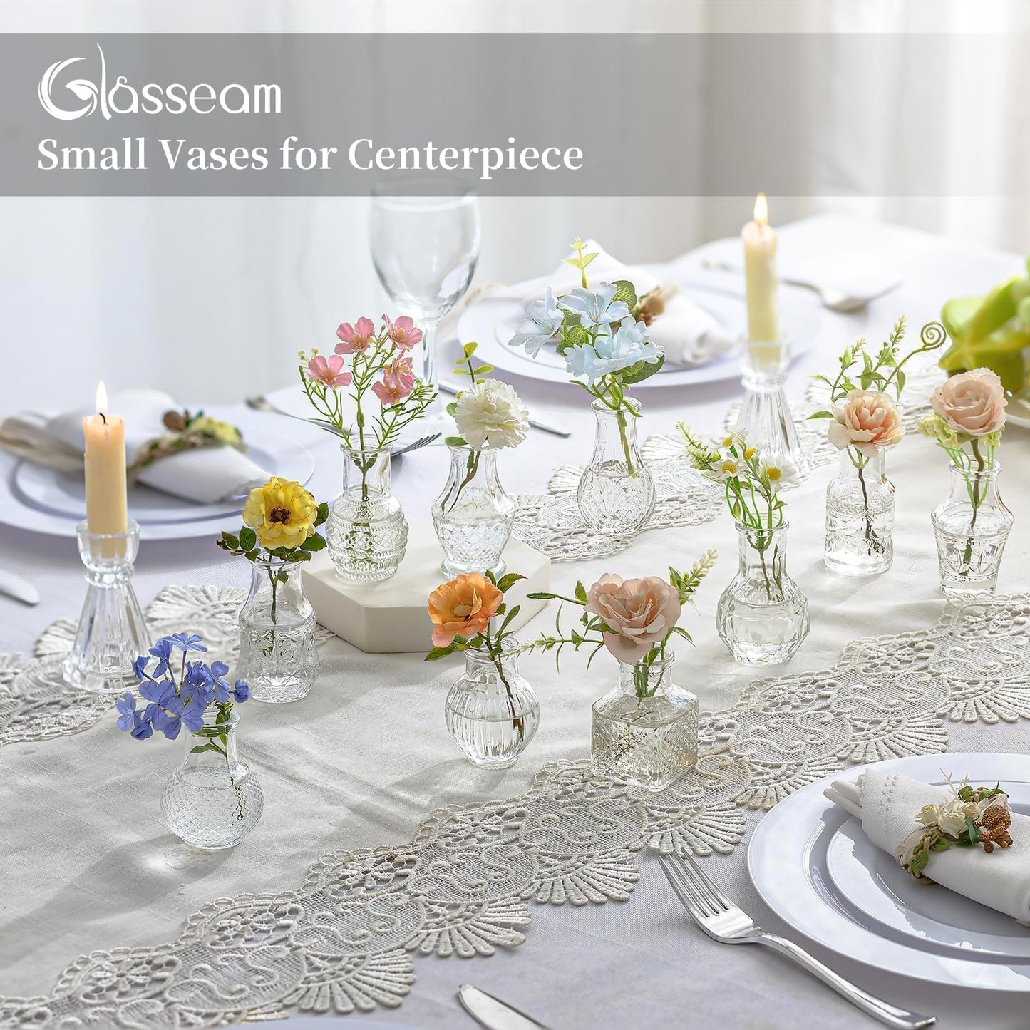 Glasseam Mini Bud Vases for Centerpieces: 20Pcs Clear Glass Vases in Bulk | For Single Flowers, Small Stems, Tiny 2.7", Embossed Thick Glass, Wedding, Party, Baby Shower, Dining Room Table Decoration BST326H