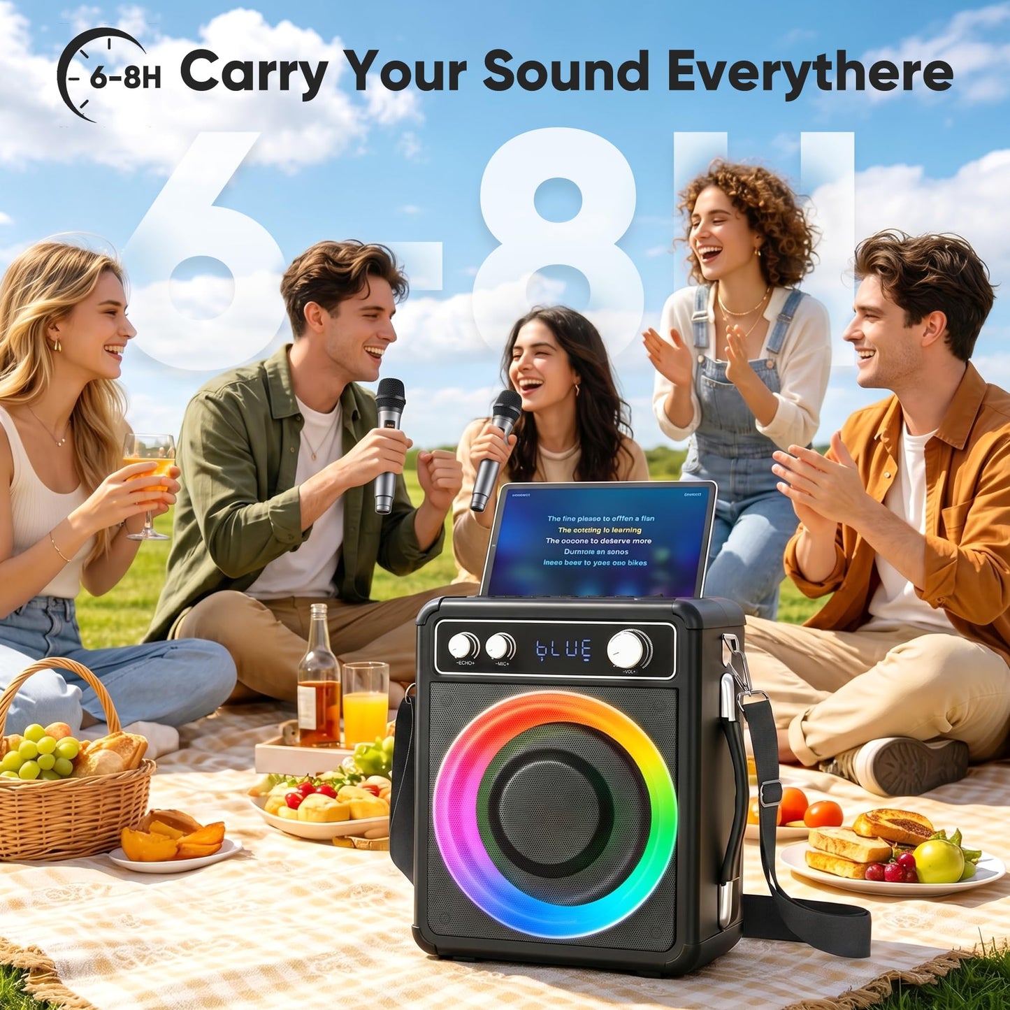 VOSOCO Karaoke Machine with 2 Wireless Microphones, Portable Bluetooth Speaker for Adults Kids, PA Systems Support TWS Echo Adjust TF USB AUX for Home Party Outdoor Travel