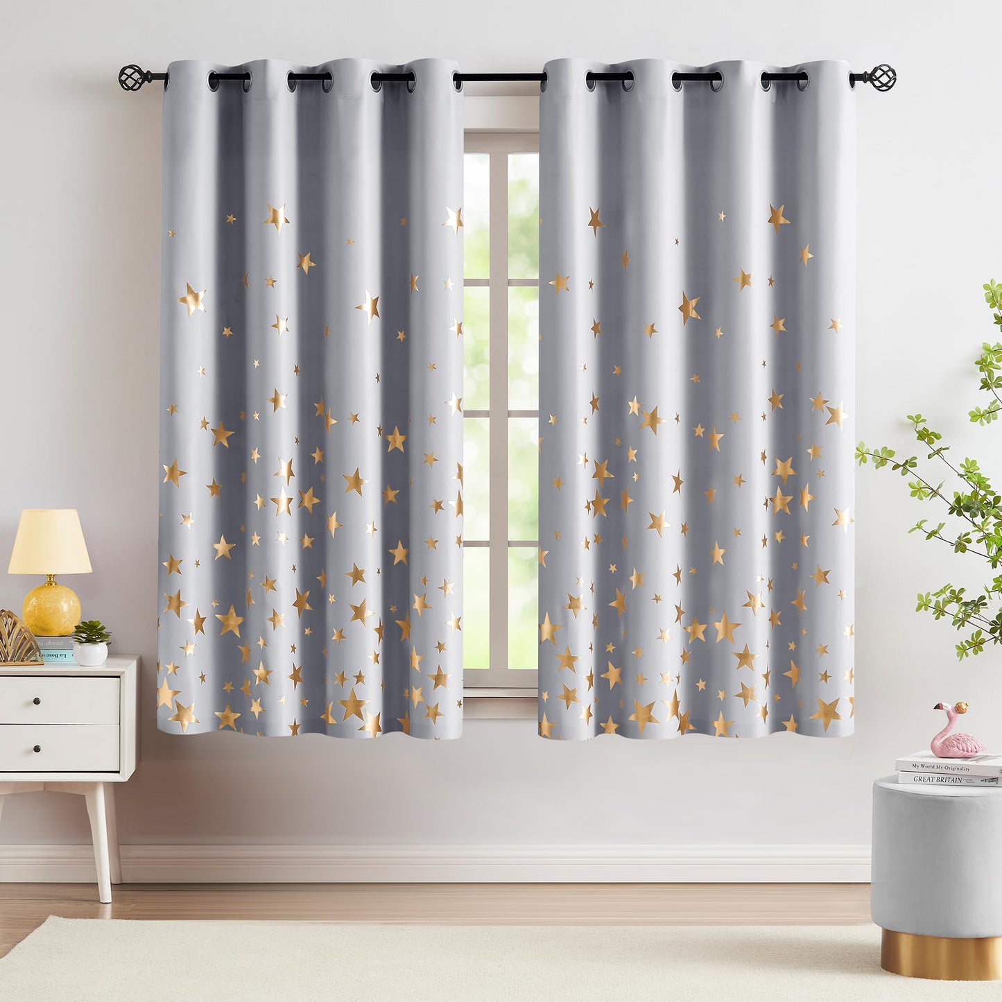 Treatmentex Gold Star Black Full Blackout Curtains for Boys Bedroom, Metallic Window Panels for Baby Nursery Room Grommet Top 2 pcs(Black Gold, 50x63in) BST202