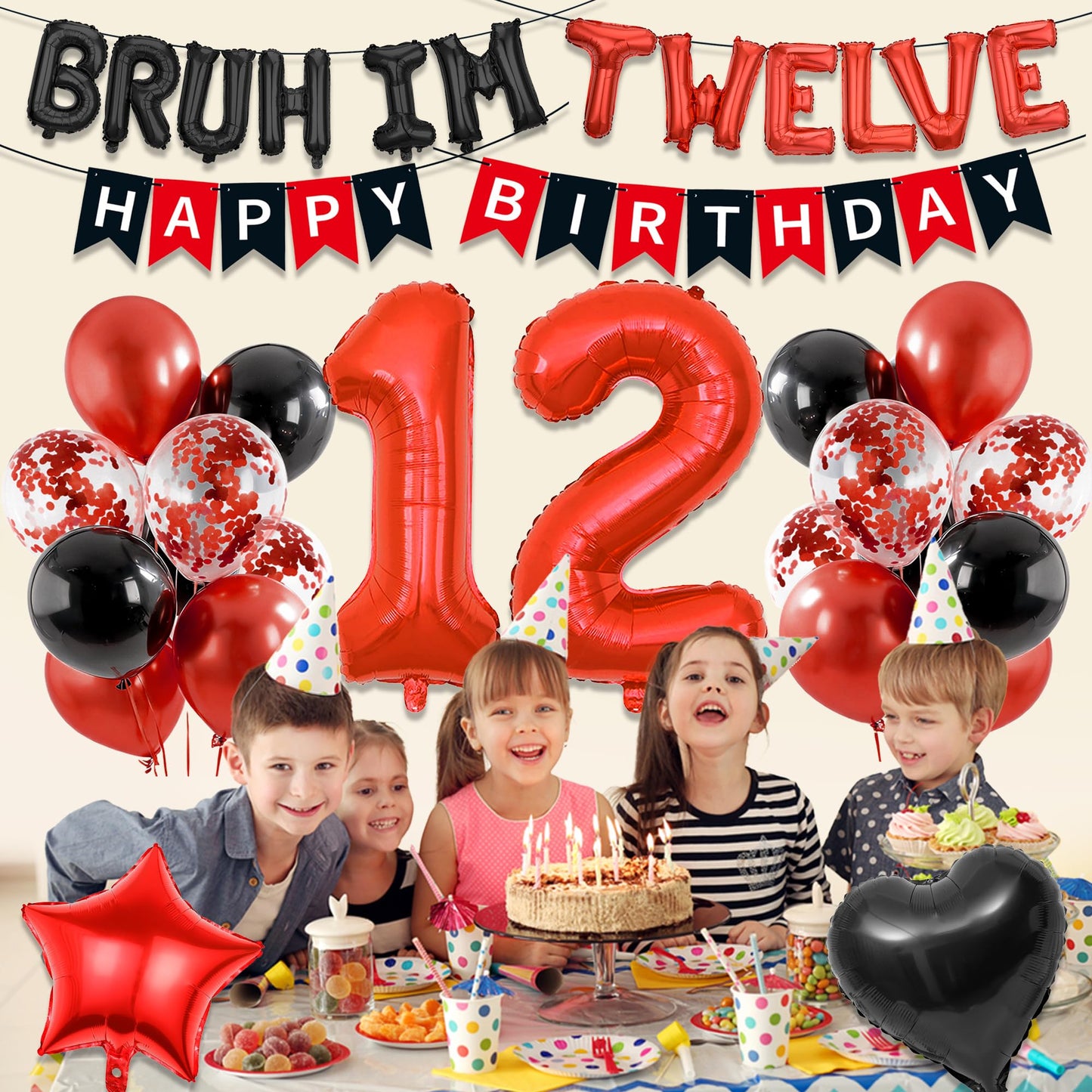 9th Birthday Decorations Boys Kit - 27 Pcs Red and Black Bruh Im Nine Balloon Banners Happy Birthday Fishtail Flags Number 9 Balloon Star Heart Balloons Set for 9 Year Old Party Decoration Supplies BST202
