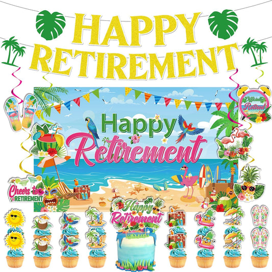 Rngmsi Hawaiian Retirement Party Decorations - 26 Pcs Happy Retirement Banner Decorations Set with Backdrop Hanging Swirls Cupcake Toppers Cake Topper, Aloha Tropical Summer Beach Party Decor Supplies WN420