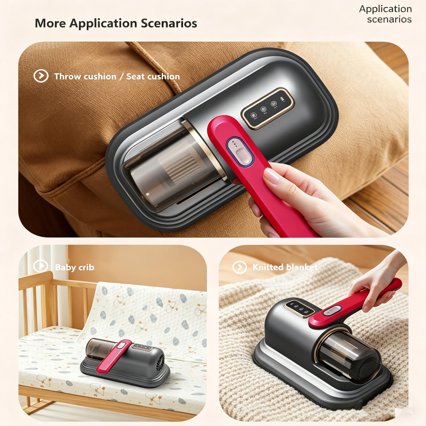 Mattress Vacuum Cleaner Bed High-Powered Vacuum Cleaner 300ml Dust Cup 9000pa Strong Suction 55°C Hot Air Dehumidification Low Noise,Suitable for Dust, Pet Hair, Etc (828-Wine Red) DD1210