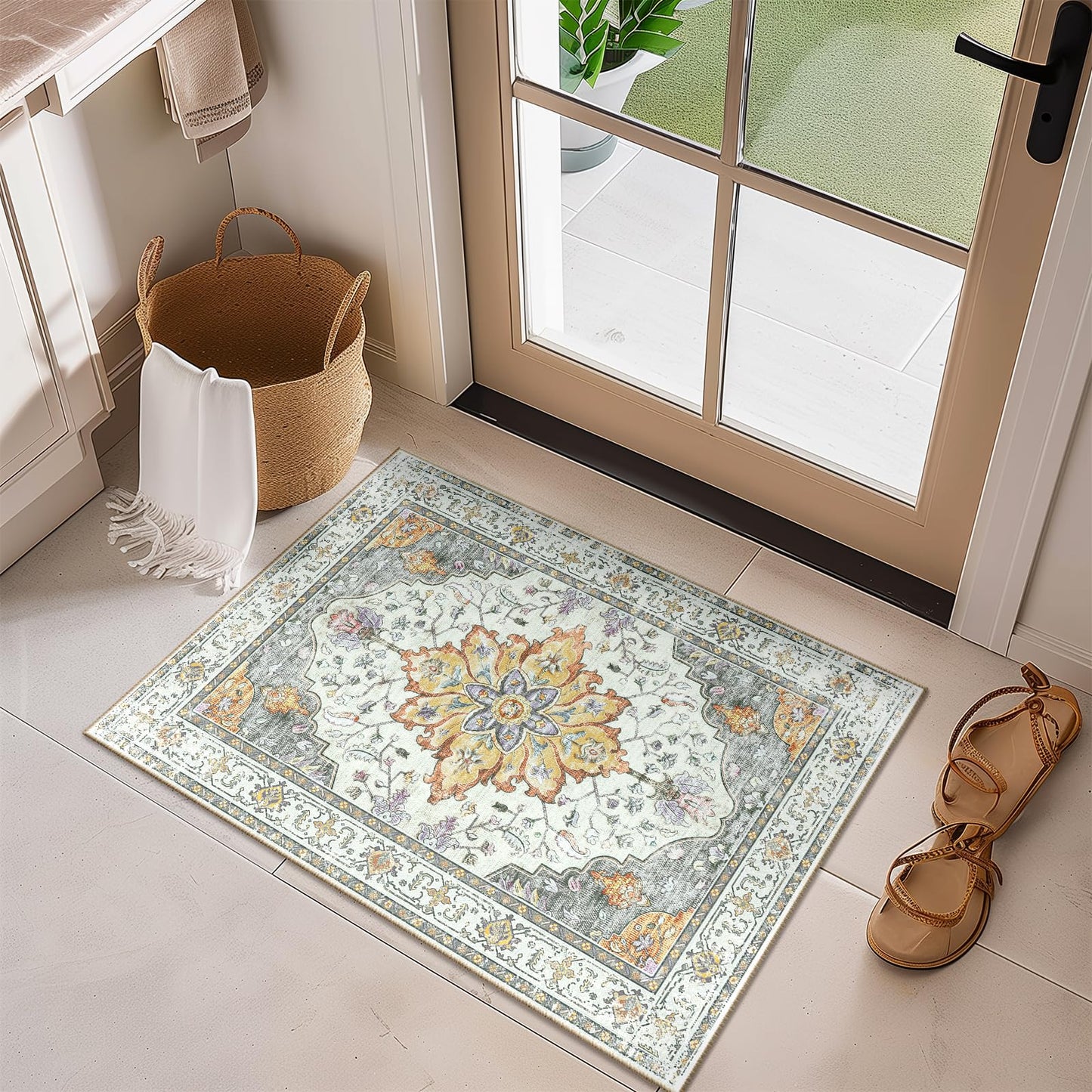 RELEANY Area Rugs Runner 2'x6' Washable Non-Slip, Floral Vintage Distress Medallion Carpet for Kitchen Hallway Bedroom Beside Laundry Room Bathroom, Teal Green Lake Blue Turquoise DD1210