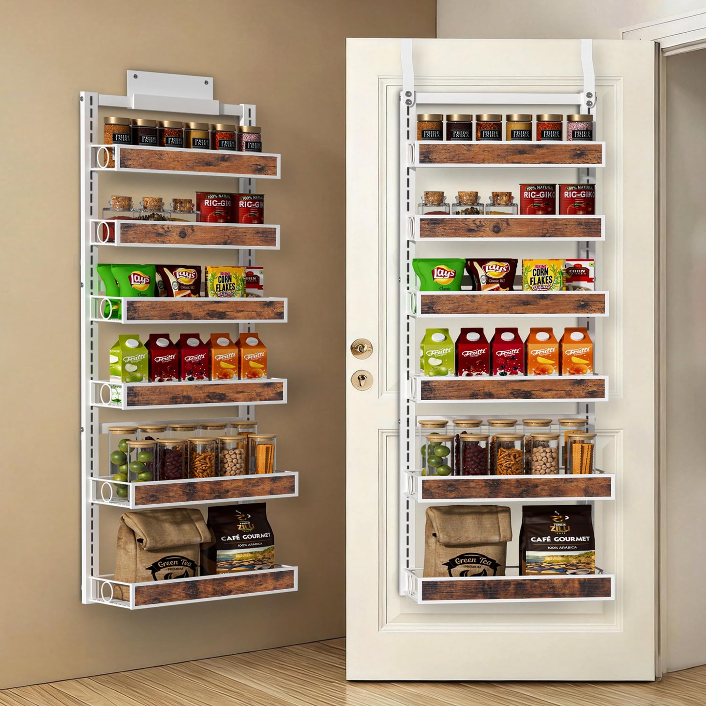 8 Tier Over The Door Pantry Orangizer 2 IN 1 Wall Mounted or Hanging Spice Rack with Adjustable Wood Basket,Heavy Duty Seasoning Storage Shelf for Kitchen Pantry and Bathroom BST220
