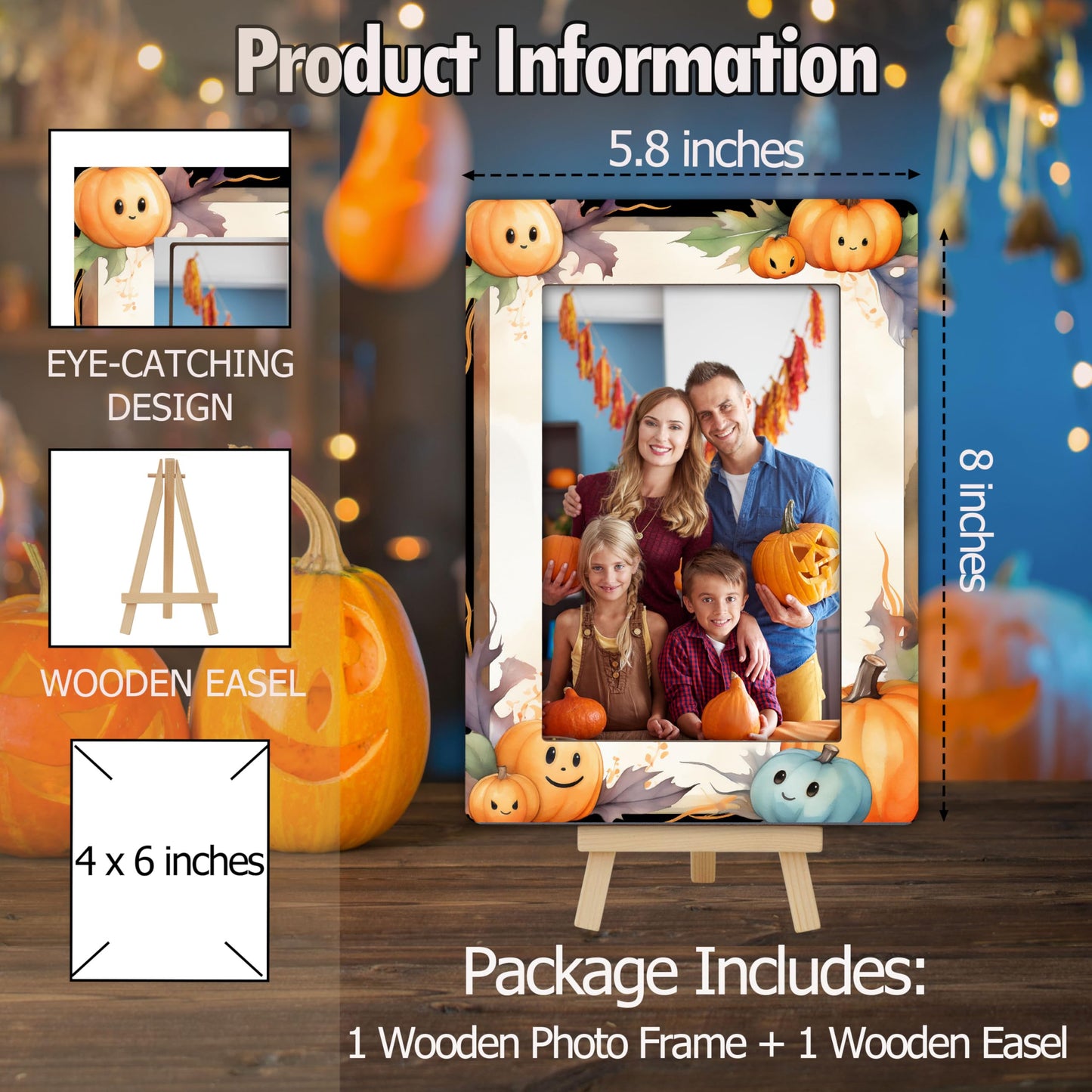 Fall Orange Picture Frames, Autumn Harvest Wooden 4x6 Photo Frame with Easel, Thanksgiving Gifts for Home Office Tabletop Display Decorations - D02 BST326L