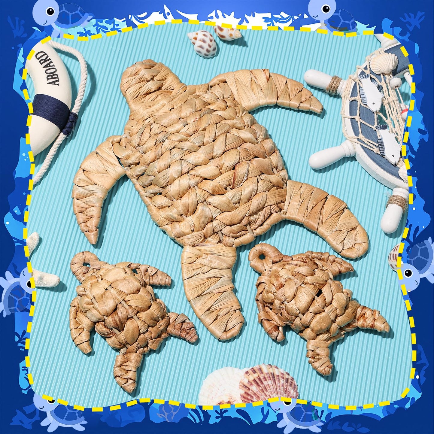 3 Pcs Wicker Sea Turtle Wall Decor, Handmade Water Hyacinth Turtle Beach Theme Decor, Coastal Nautical Wall Art for Bathroom Bedroom Living Room Patio, Boho Ocean Sea Life Hanging Sculpture (3) BST220