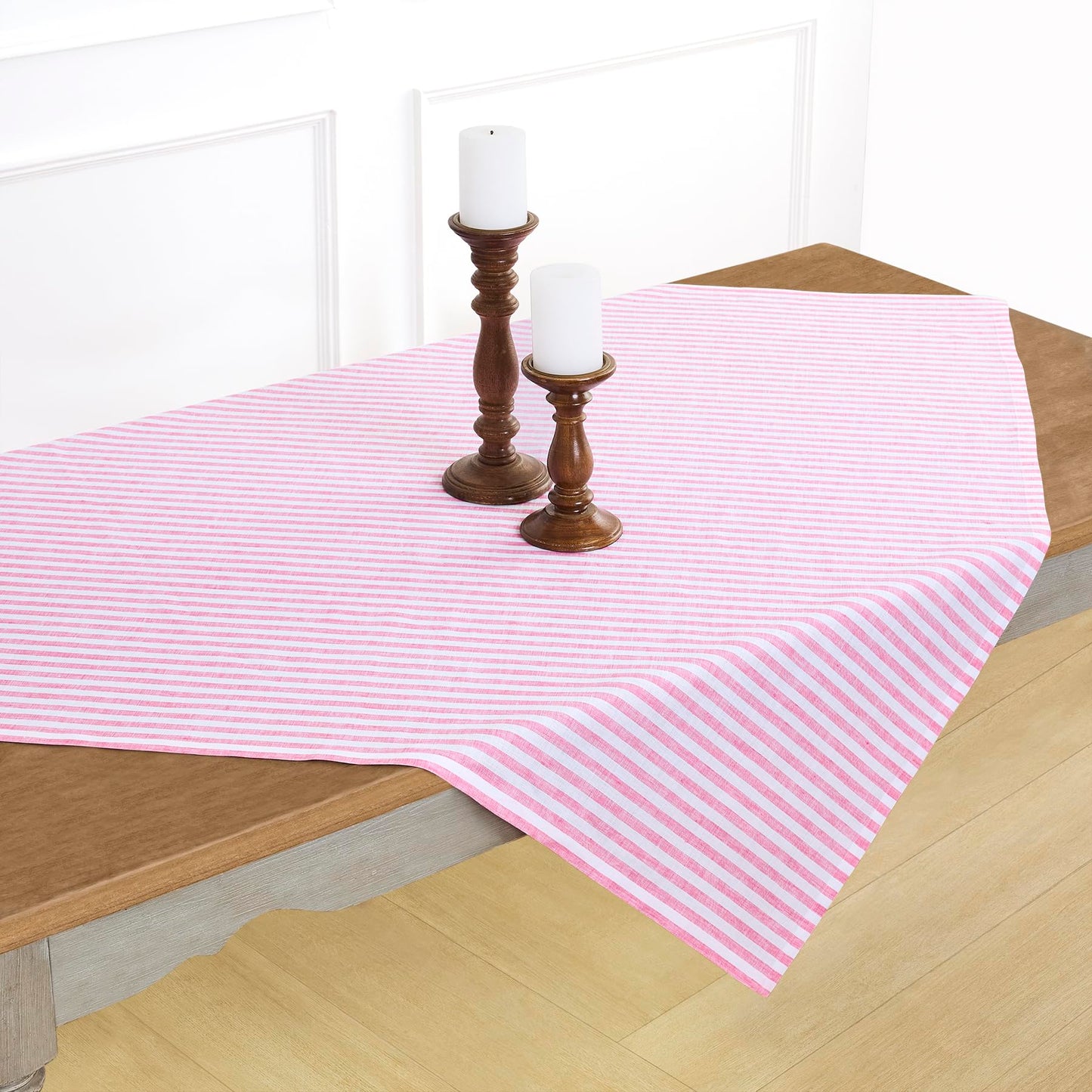 Solino Home 100% Linen Table Cloth, Throw, 52 x 52 in, Coral, Amalfi Stripe | Striped Linen Tablecloth a neat topper for bistro, card and side tables | Coral and White | Pure Linen | OEKO-TEX Certified BST326SOLH