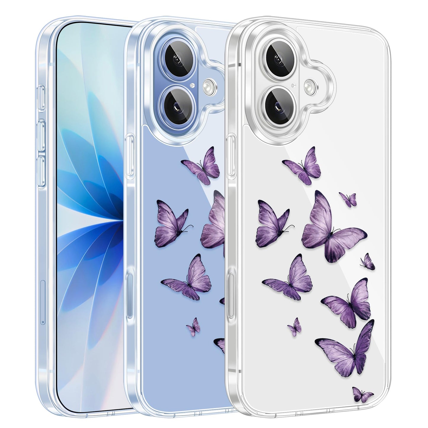 Cute Girly Crystal Clear Case Compatible with iPhone 16 Pro, Camera Control & Shockproof Protection Floral Case for Women, Blue Butterflies WN420