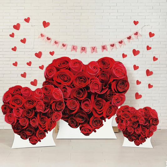 Colarr 3 Pcs Valentine's Day Red Heart Cardboard Cutout Stand Ups Set of 3 Sizes (17'' 25'' 33'') Valentines Party Roses Decoration Backdrop Photo Prop for Anniversary Wedding Engagement BST326L