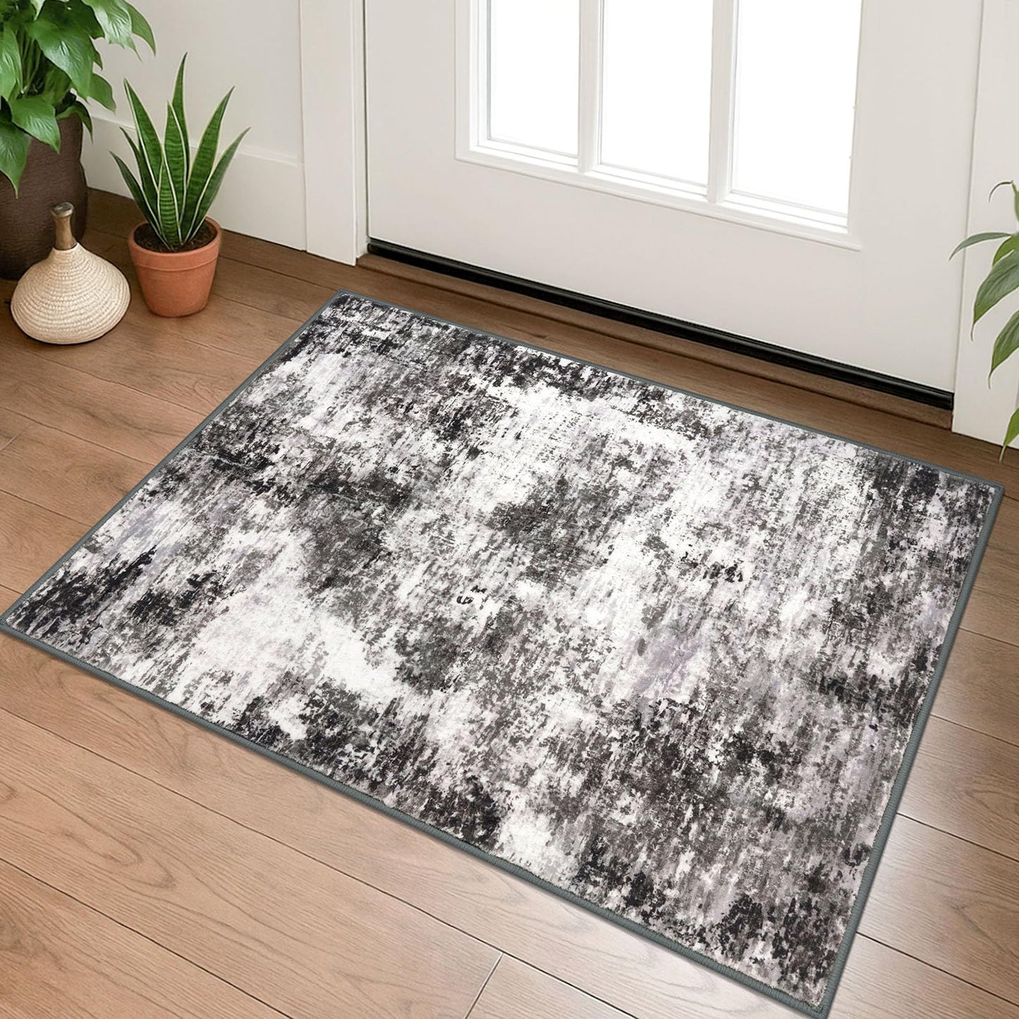 Lansny Modern Abstract Runner - 2x5, Beige Grey Washable Kitchen Entryway Rug Mat Non-Slip Soft Neutral Hallway Rug Thin Print Faux Wool Carpet for Bedroom Laundry Room Indoor BST220