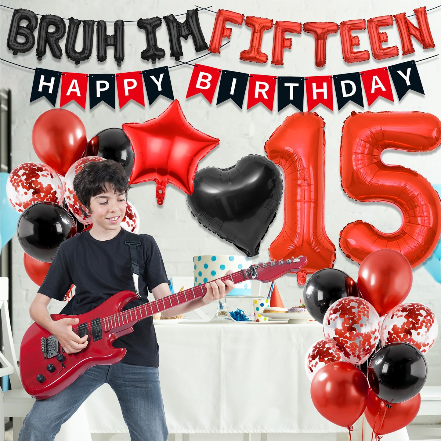 9th Birthday Decorations Boys Kit - 27 Pcs Red and Black Bruh Im Nine Balloon Banners Happy Birthday Fishtail Flags Number 9 Balloon Star Heart Balloons Set for 9 Year Old Party Decoration Supplies BST202