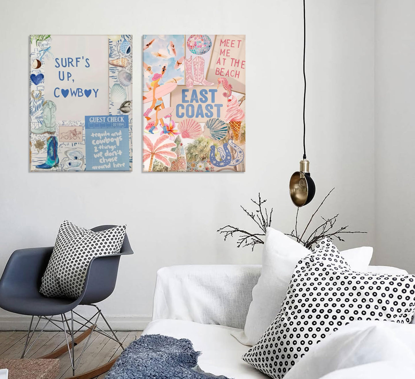 2PCS Pink And Blue Coastal Cowgirl Wall Art Surfboart Wall Decor Unframed | Coastal Girl Posters Beach Pictuers Cowboy Boots Prints for College Girls Dorm Bathroom Gallery Bedroom BST202