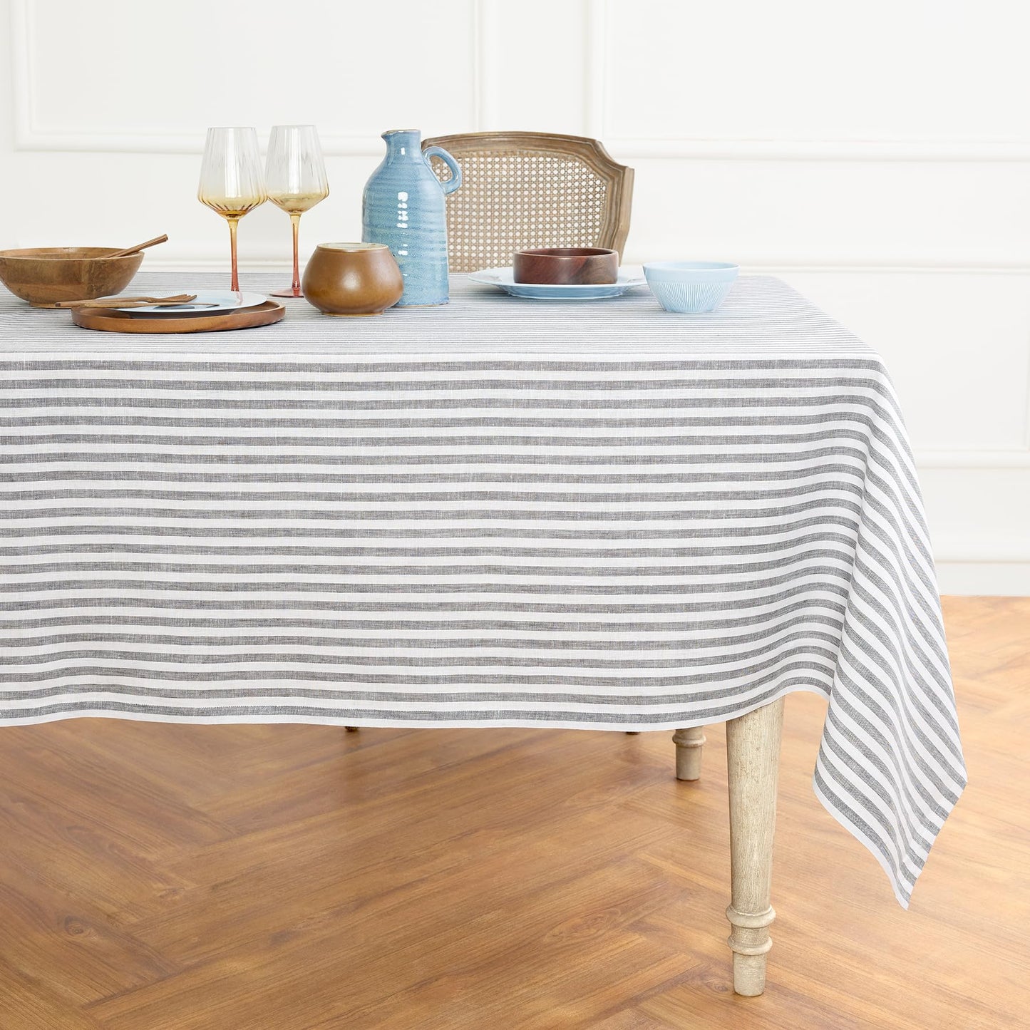 Solino Home 100% Linen Table Cloth, Throw, 52 x 52 in, Coral, Amalfi Stripe | Striped Linen Tablecloth a neat topper for bistro, card and side tables | Coral and White | Pure Linen | OEKO-TEX Certified BST326SOLH