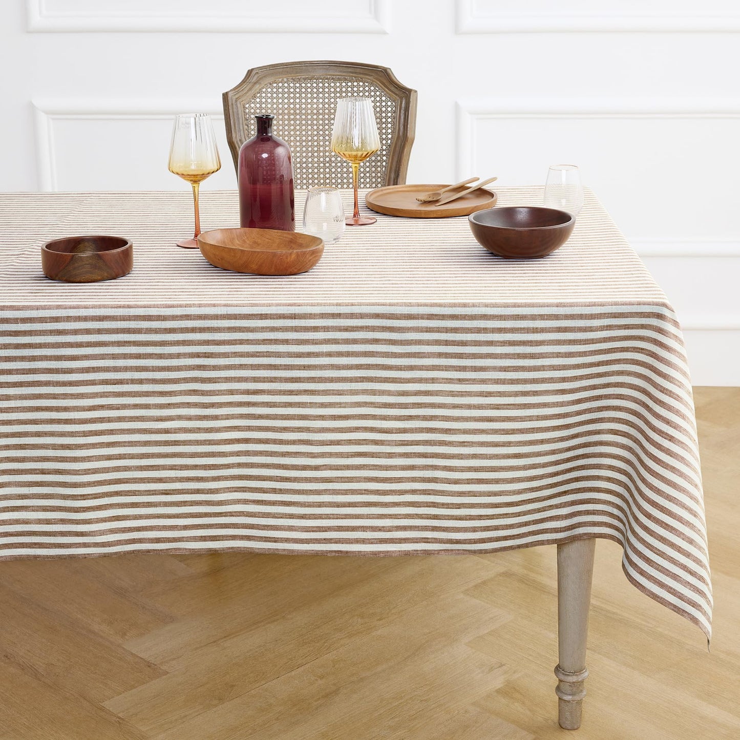 Solino Home 100% Linen Table Cloth, Throw, 52 x 52 in, Coral, Amalfi Stripe | Striped Linen Tablecloth a neat topper for bistro, card and side tables | Coral and White | Pure Linen | OEKO-TEX Certified BST326SOLH