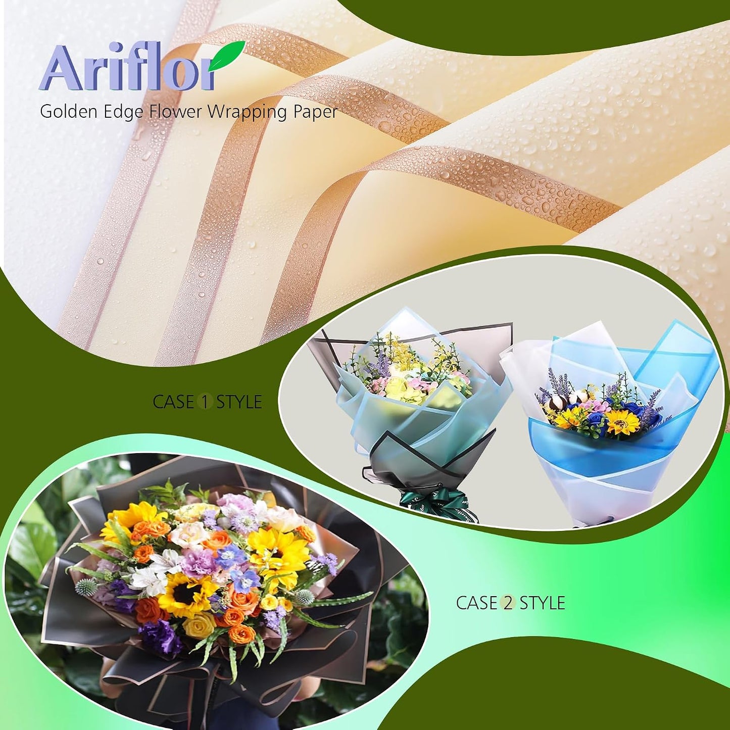 ARIFLOR 20Sheets Golden Edge Waterproof Flower Bouquet Paper - 20408 Plastic Fresh Floral Wrapping Paper, Christmas Gift Packaging, Gift Packaging, DIY Crafts, Florist Bouquet Supplies WN420