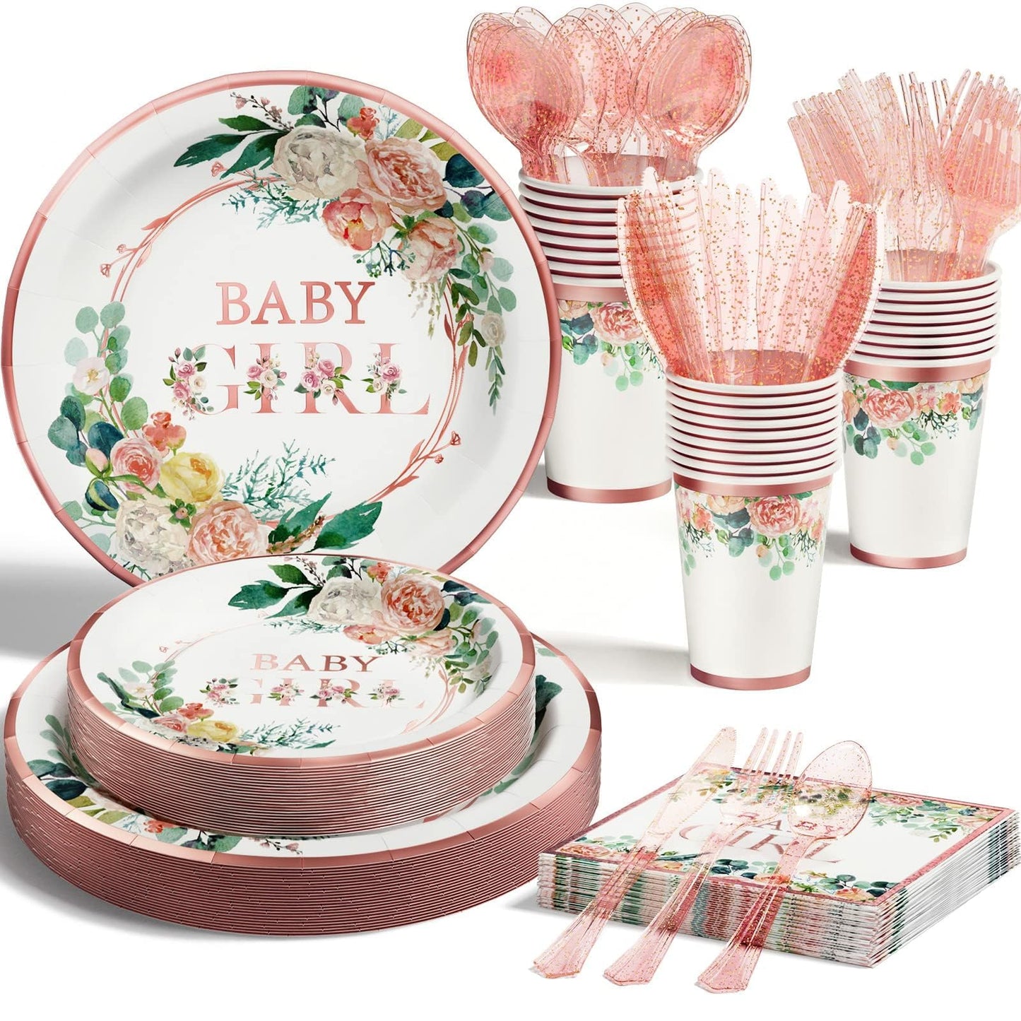Woodland Baby Shower Decorations Supplies - 175PCS Forest Animal Disposable Dinnerware Set (25 Guest) With Gold Paper Plates Cups Napkins Plastic Fork Knives Spoon for Baby Boy Birthday Party BST326H