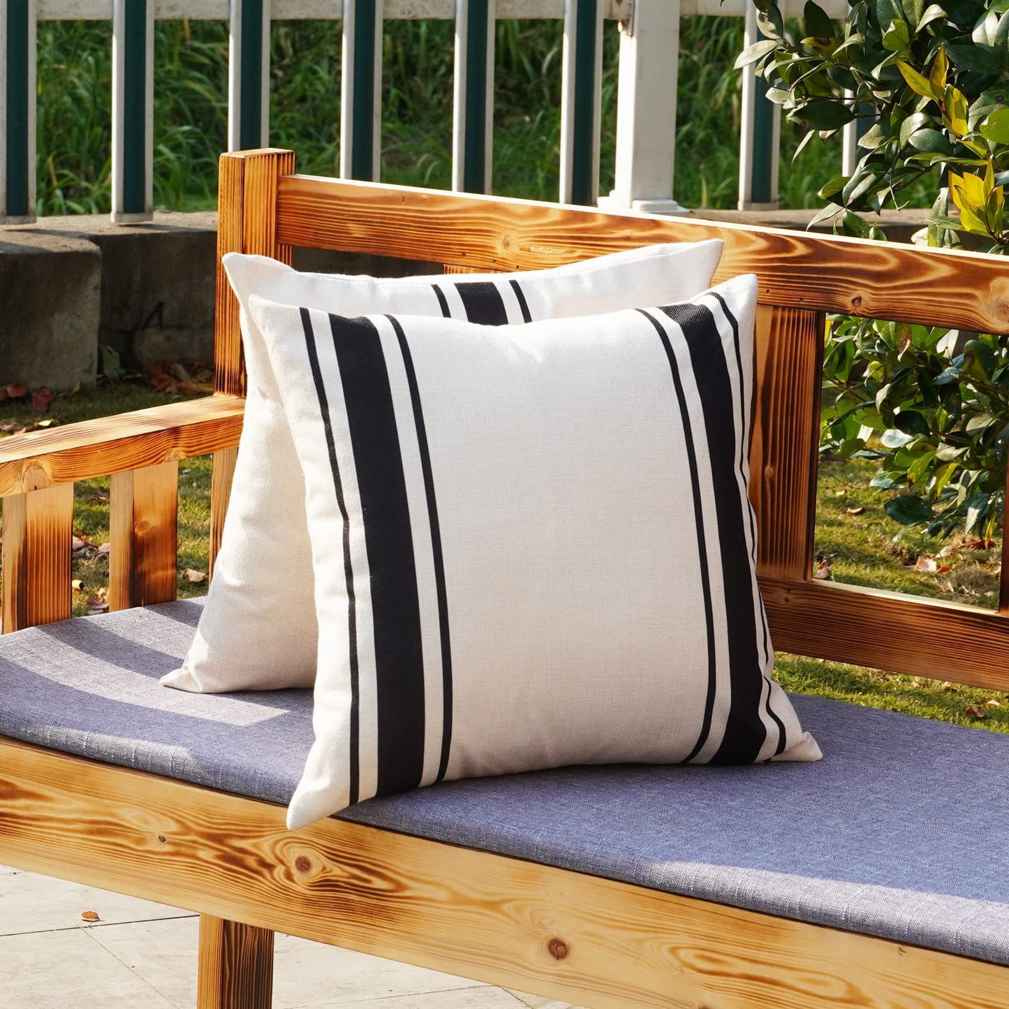 ONWAY Outdoor Pillow Covers Waterproof 18x18 Set of 2 Decorative Linen Throw Pillow Cover Beige and Black Striped Outdoor Pillows for Patio Furniture BST220