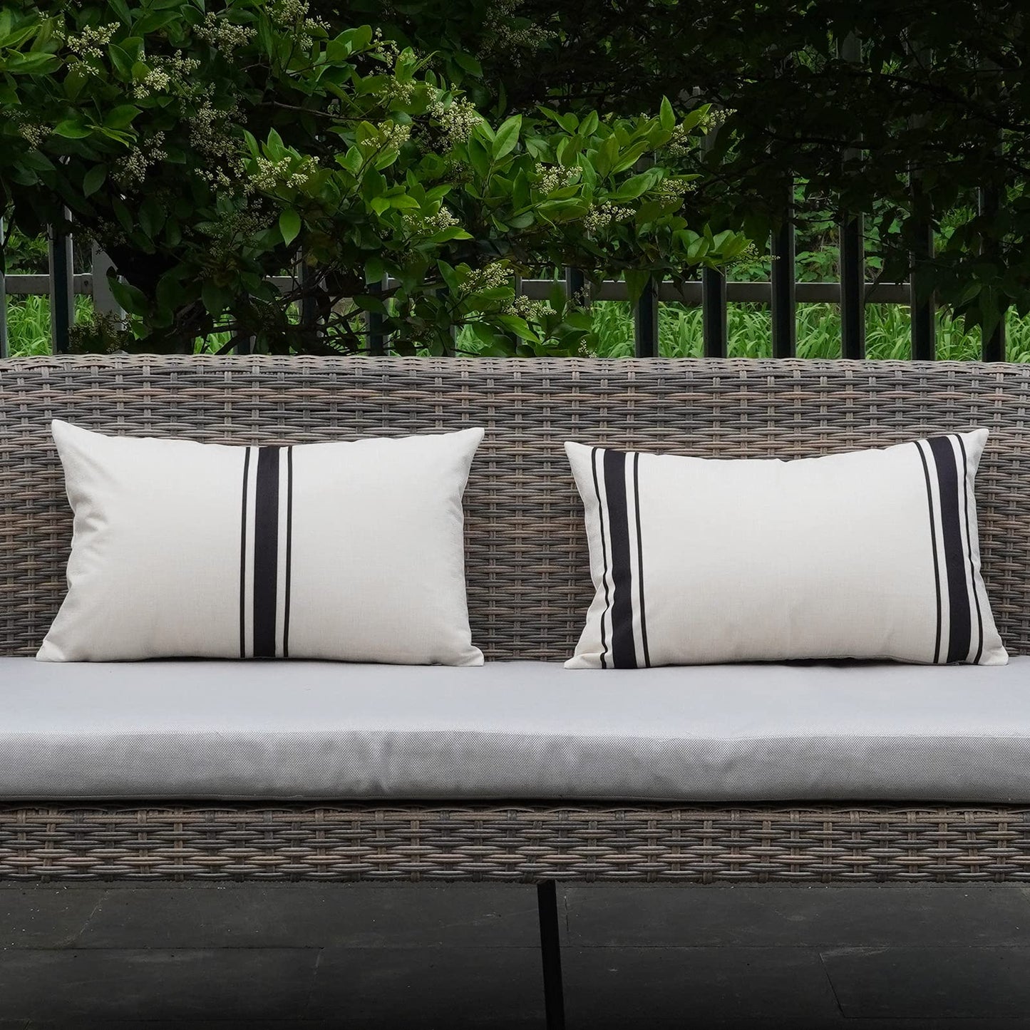 ONWAY Outdoor Pillow Covers Waterproof 18x18 Set of 2 Decorative Linen Throw Pillow Cover Beige and Black Striped Outdoor Pillows for Patio Furniture BST220
