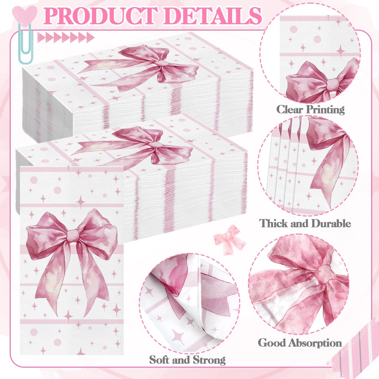 200 Pcs Pink Bow Napkins 3 Ply Coquette Bow Disposable Napkins Valentine's Day Paper Hand Towels Party Gifts Bulk for Bridal Shower Bachelorette Tea Party Birthday Decor(Classic Style) BST202