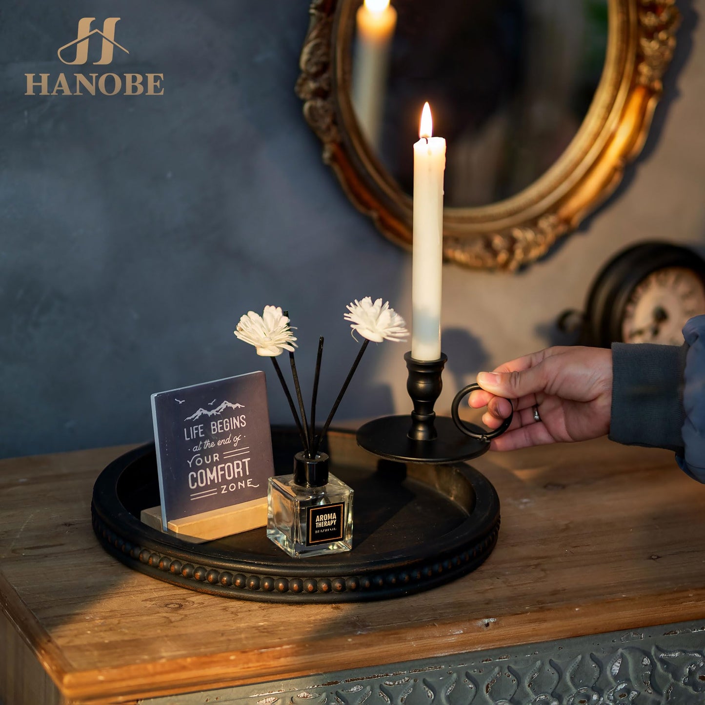 Hanobe Decorative Tray for Coffee Table: 10.5-Inch Round Whitewashed Wood Tray for Rustic Farmhouse Living Room Kitchen Island Entryway Home Decor BST326H