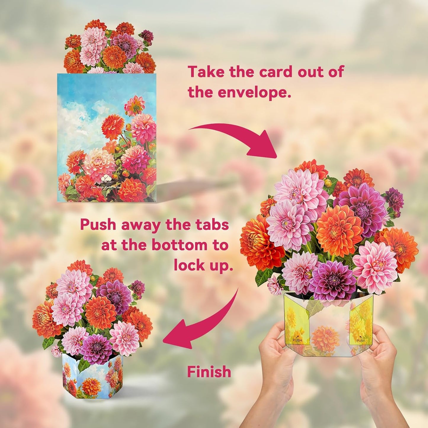 Pop Up Greeting Cards, Dahlia Paper Flower Bouquets | Birthday,Mother's Day, Thank You, Get Well, Anniversary,Include Note Card & Envelope WN420