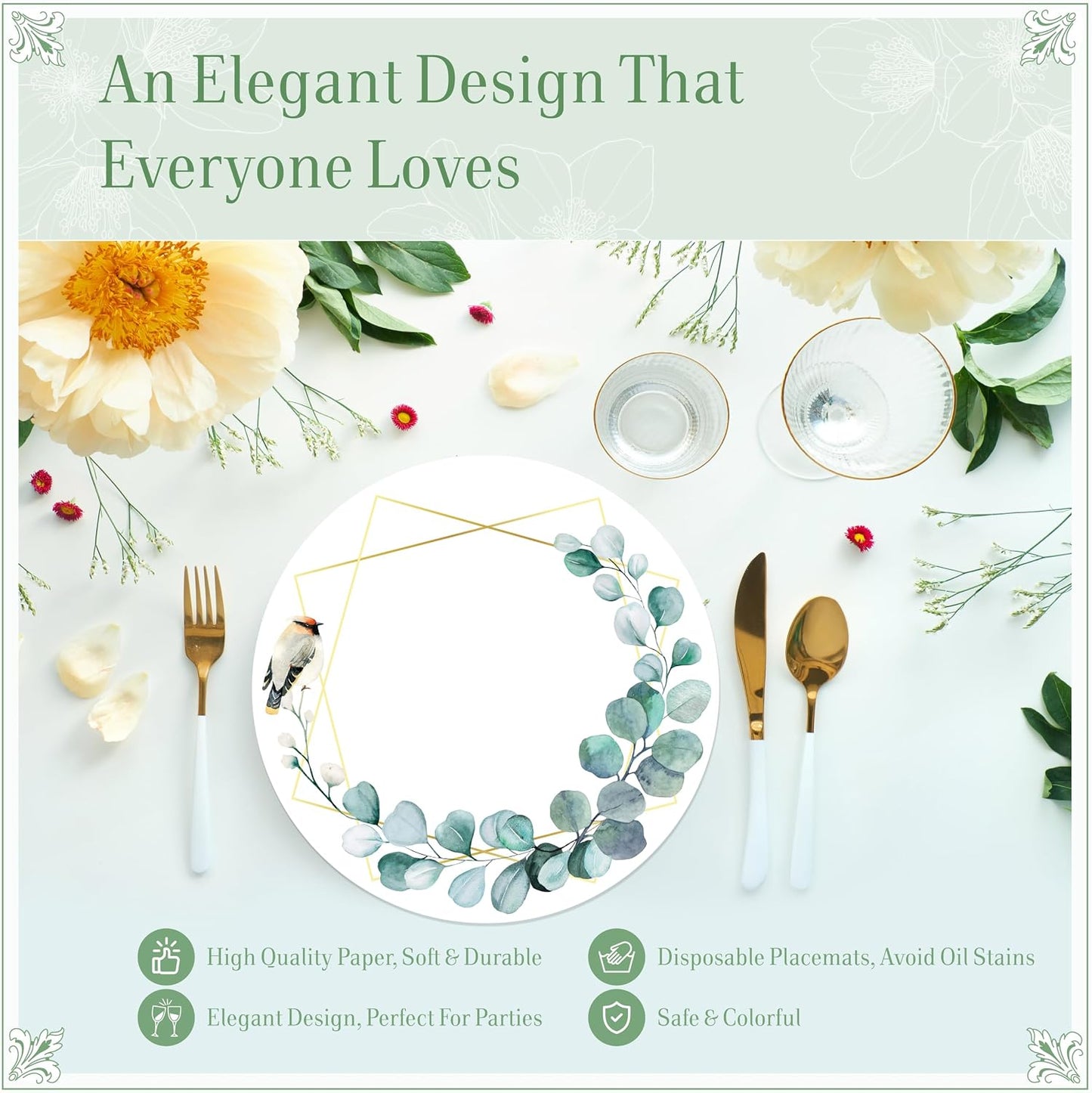 48 PCS Paper Placemats, Disposable Round Table Mats Greenery Eucalyptus Leaves Design Tableware Decoration for Birthday, Banquet, Wedding, Baby Shower Party, Home Dining BST220