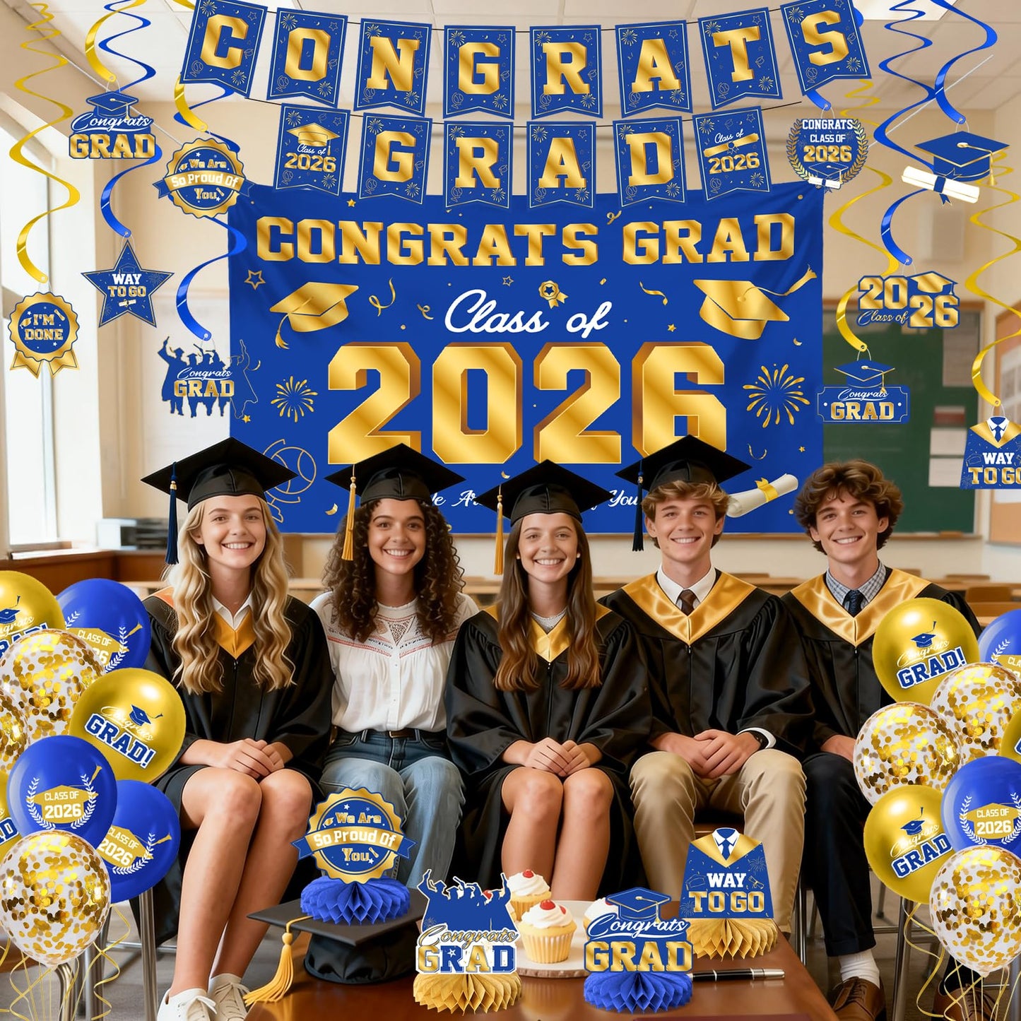 Graduation Decorations 2026-Black and Gold Graduation Party Decorations Supplies Class of 2026 with Graduation Banner, Backdrop, Balloons, Centerpieces, Hanging Swirl for Grad Party BST326H