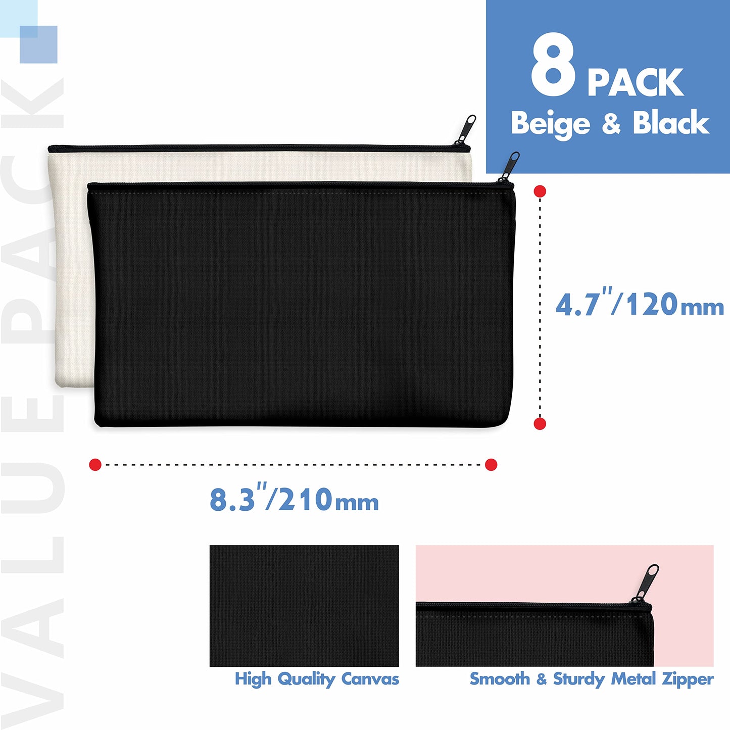 8 Pack Canvas Colorful Zipper Bags, DIY Craft Bags Travel Canvas Makeup Pouches for Cosmetic Toiletry Stationery Storage (Beige, 8.3” x 4.7”) BST220