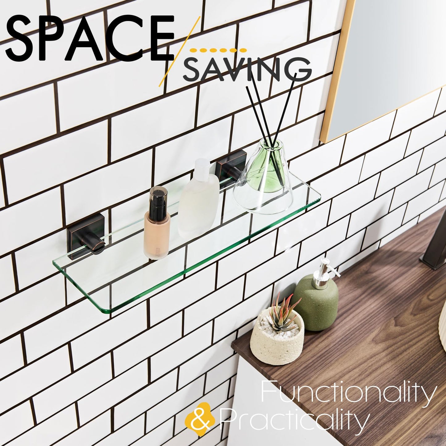 KOKOSIRI Glass Shelf for Bathrooms Floating Shelves Wall Mount 16-Inch for Shower Storage Kitchen Rack, 2 Pack Brushed Stainless Steel B1107BR-L16-P2 BST202