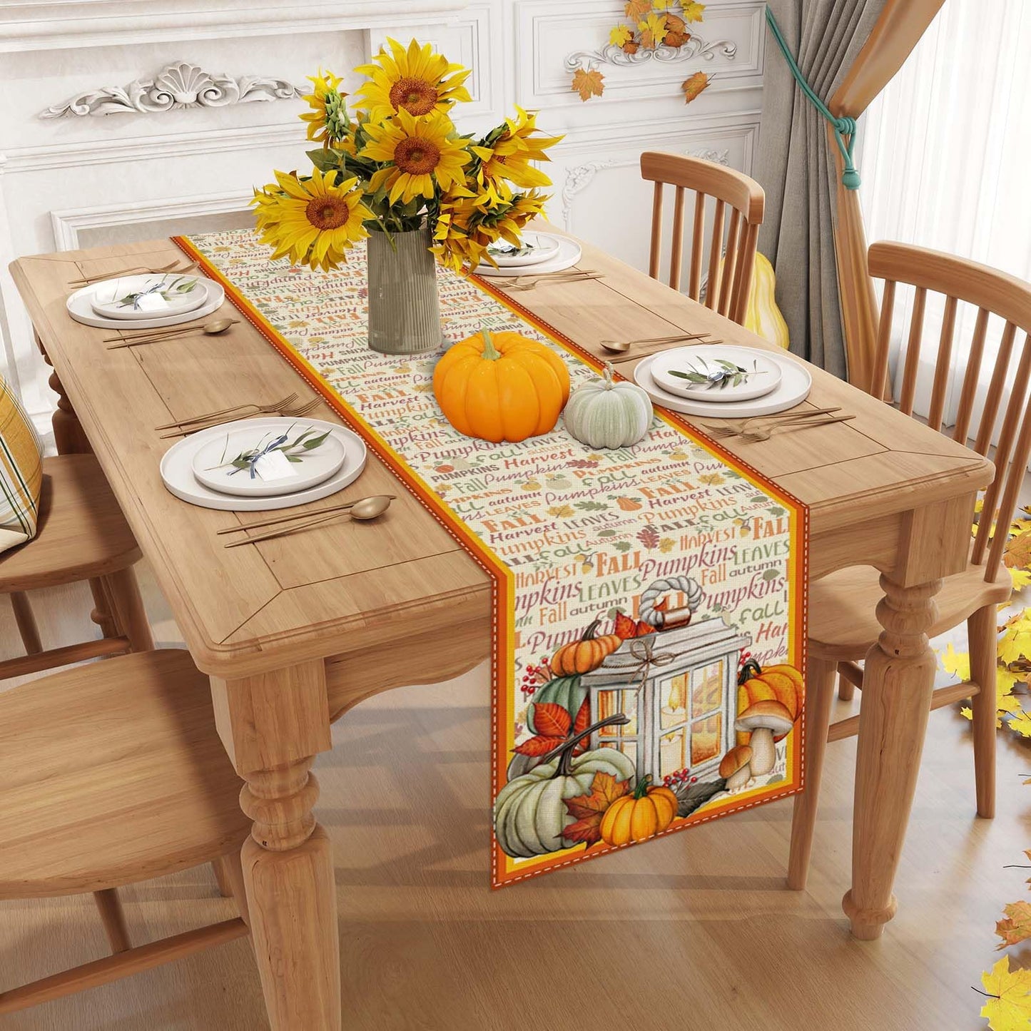 Fall Table Runner-Farmhouse Fall Leaves Pumpkin Table Decor Autumn Thanksgiving Home Kitchen Dining Room Table Decorations 13x36 Inch BST220