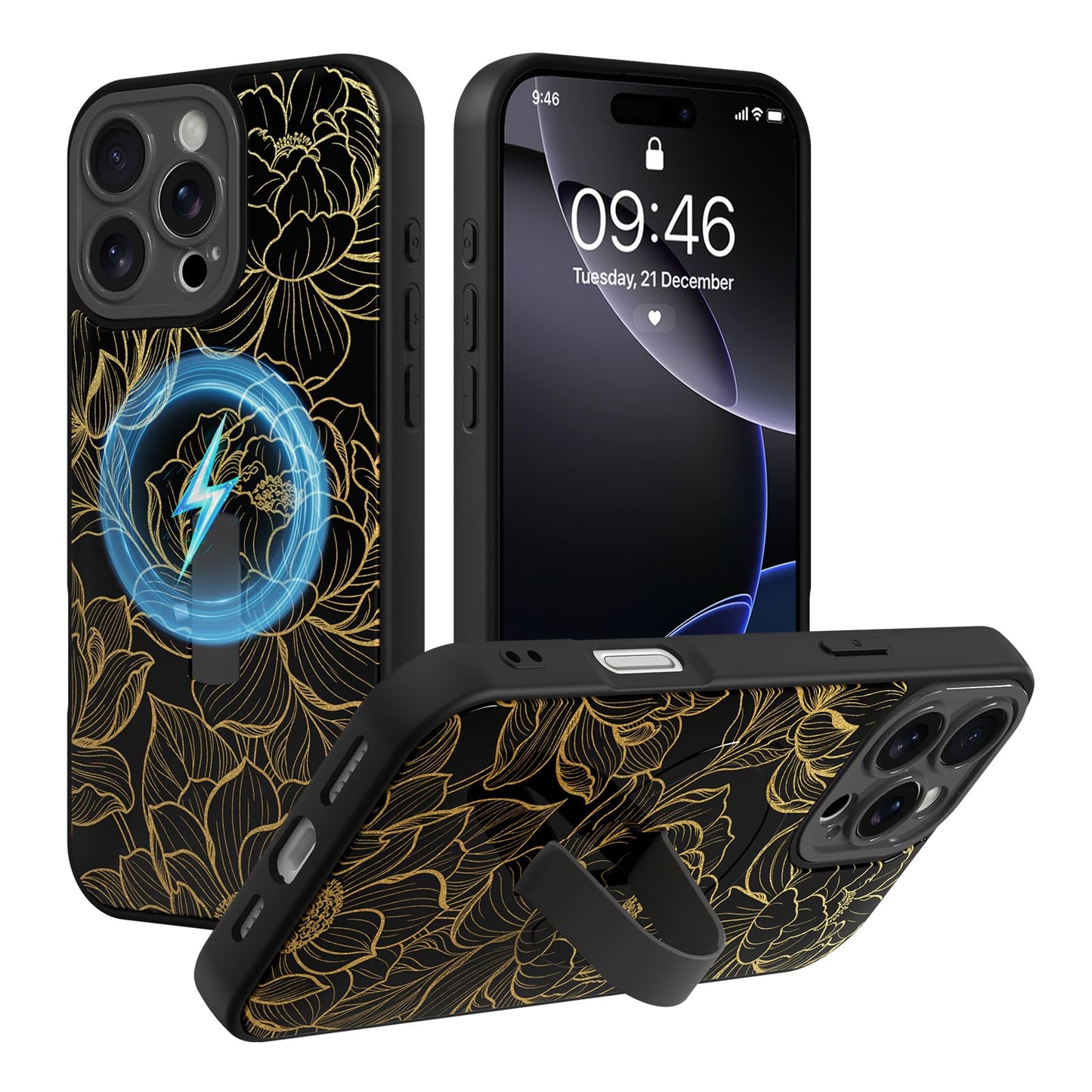 Compatible with iPhone 13 Case, Cute Cheetah Leopard Pattern | Built in Adjustable Wrist Strap Grip Hand Holder Stand Shockproof Kickstand Cover for Women Girls (Black White) WN420