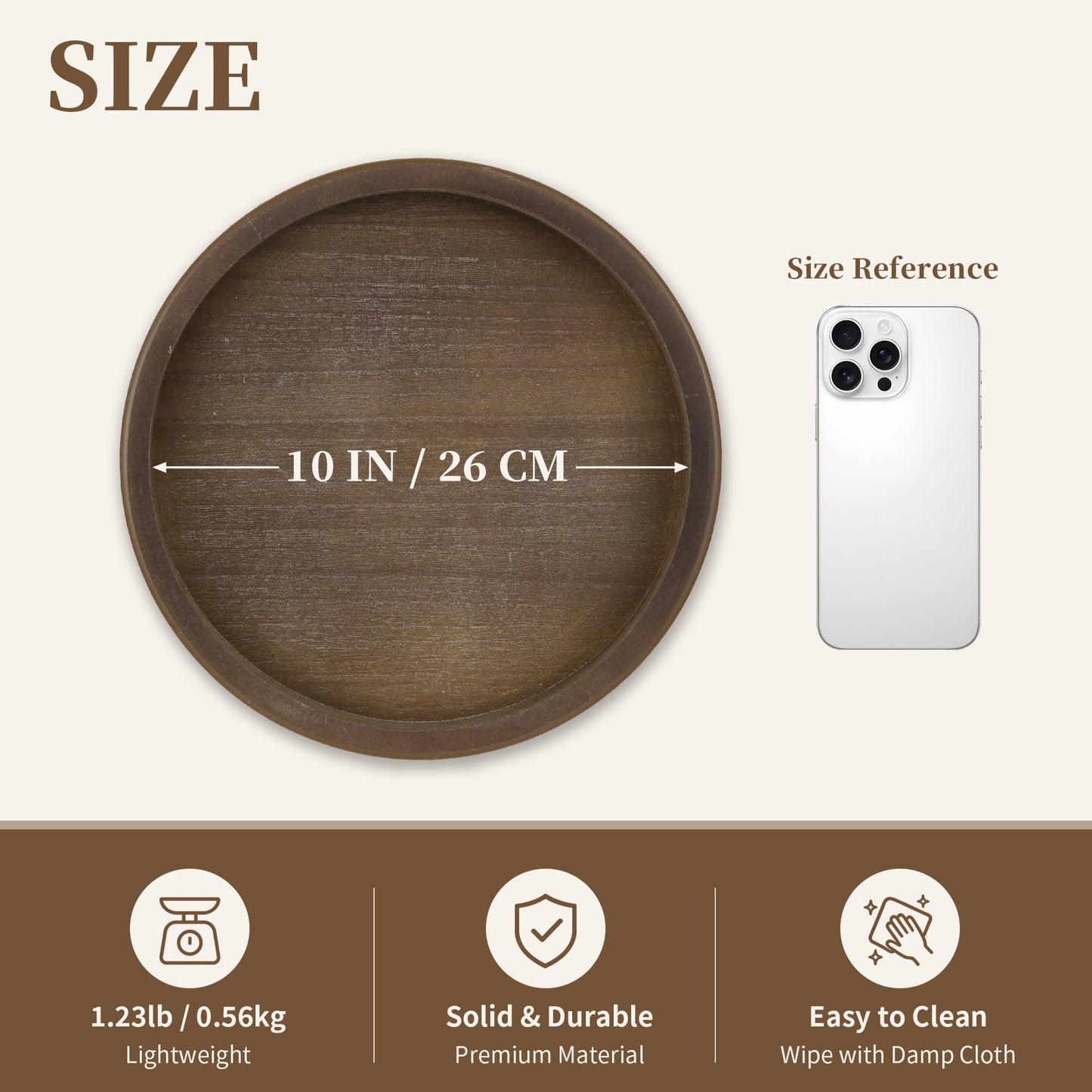 Hanobe Decorative Tray for Coffee Table: 10.5-Inch Round Whitewashed Wood Tray for Rustic Farmhouse Living Room Kitchen Island Entryway Home Decor BST326H