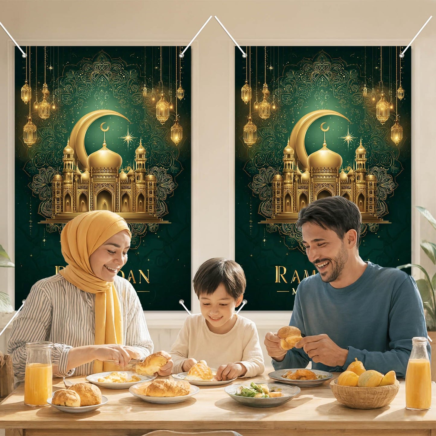 HOMETITUTE Eid Ramadan Window Banner Holiday Curtain Backdrop 31x47 Fabric | Mubarak Cover Festival Screen Windows Banner Hanging Living Room Bedroom Home Crescent Moon Star Pattern Design BST326H