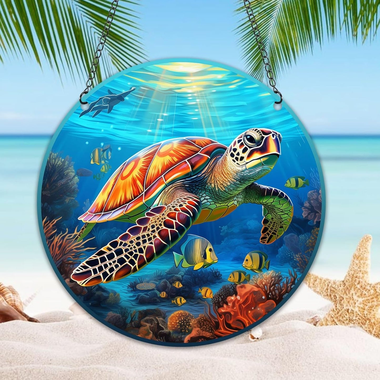HOTIYOK Sea Turtles Stained Glass Window Hangings Panels Acrylic Underwater World Marine Life Home Wall Decor for Indoor, Ideal Housewarming Gift for Mom Grandma Wife Teacher BST220