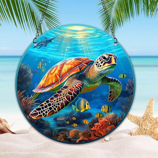 HOTIYOK Sea Turtles Stained Glass Window Hangings Panels Acrylic Underwater World Marine Life Home Wall Decor for Indoor, Ideal Housewarming Gift for Mom Grandma Wife Teacher BST220