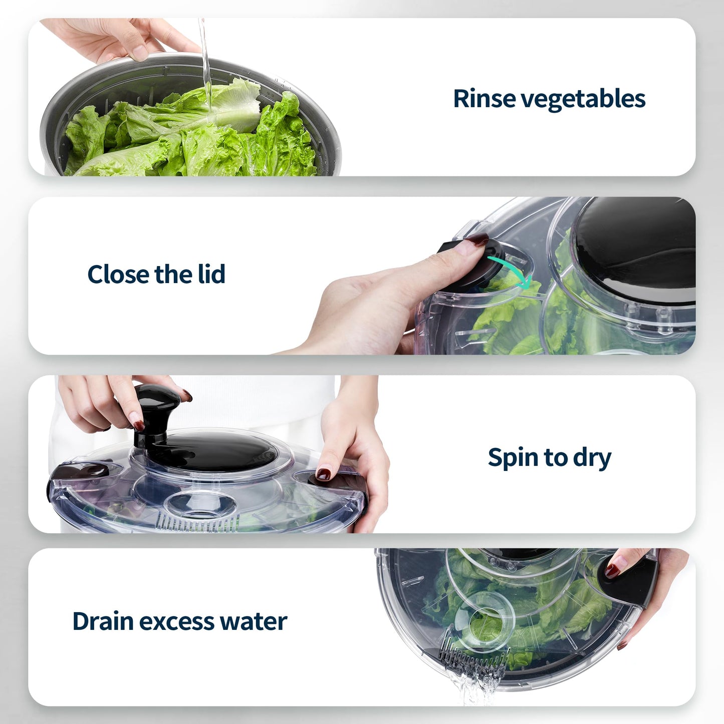 Stainless Steel Salad Spinner, 4.8 Qt Vegetable Washer, BPA-Free Lettuce Dryer with Crank Design, Easy Clean, Non-Slip Base - Transparent Lid BST220