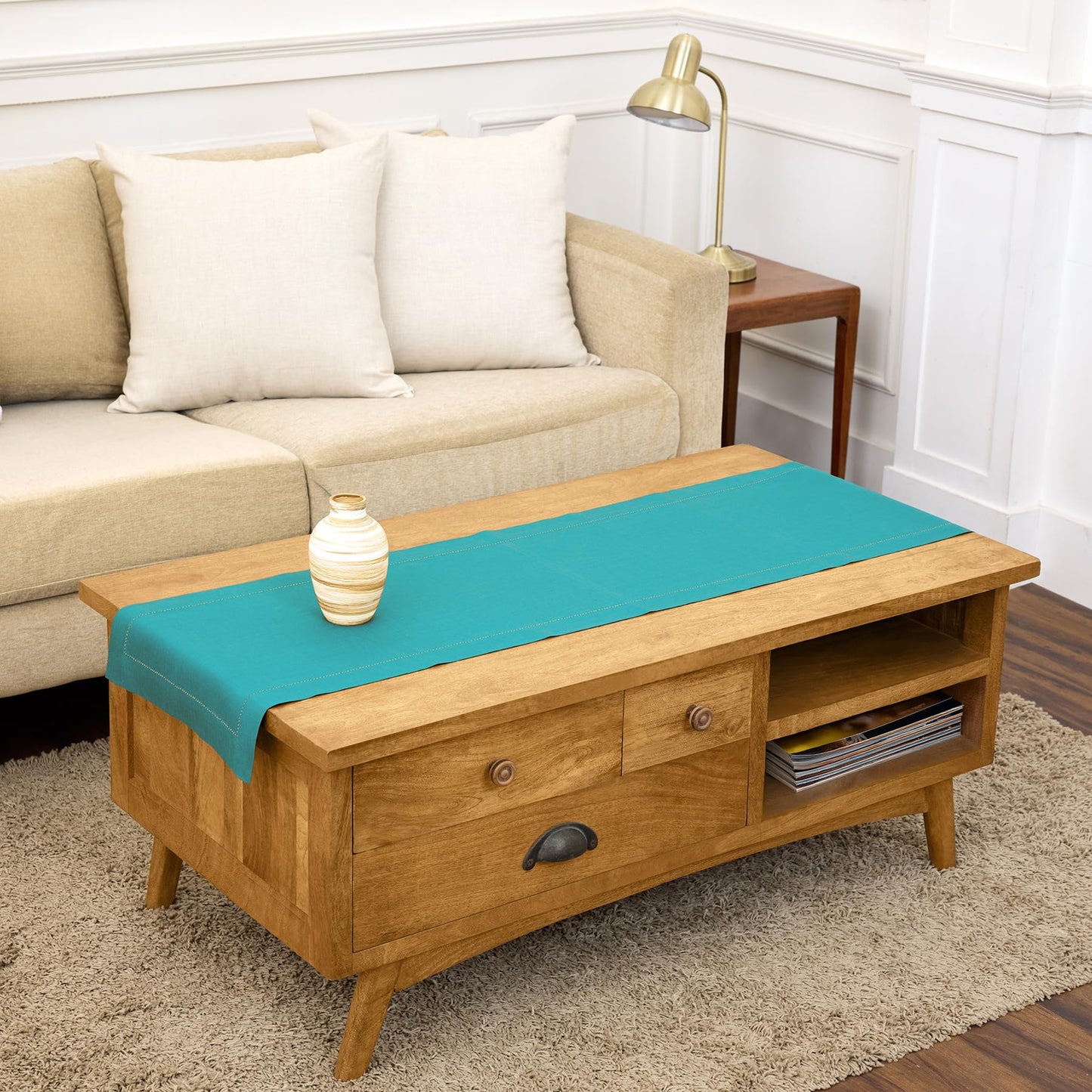 Solino Home 100% Pure Linen Table Runner Garden Green Hemstitch, 14 x 48 in | Classic Hemstitch Table Runners for dining, hallway and console table styling | hand hemstitched borders | OEKO-TEX Certified BST326SOLH