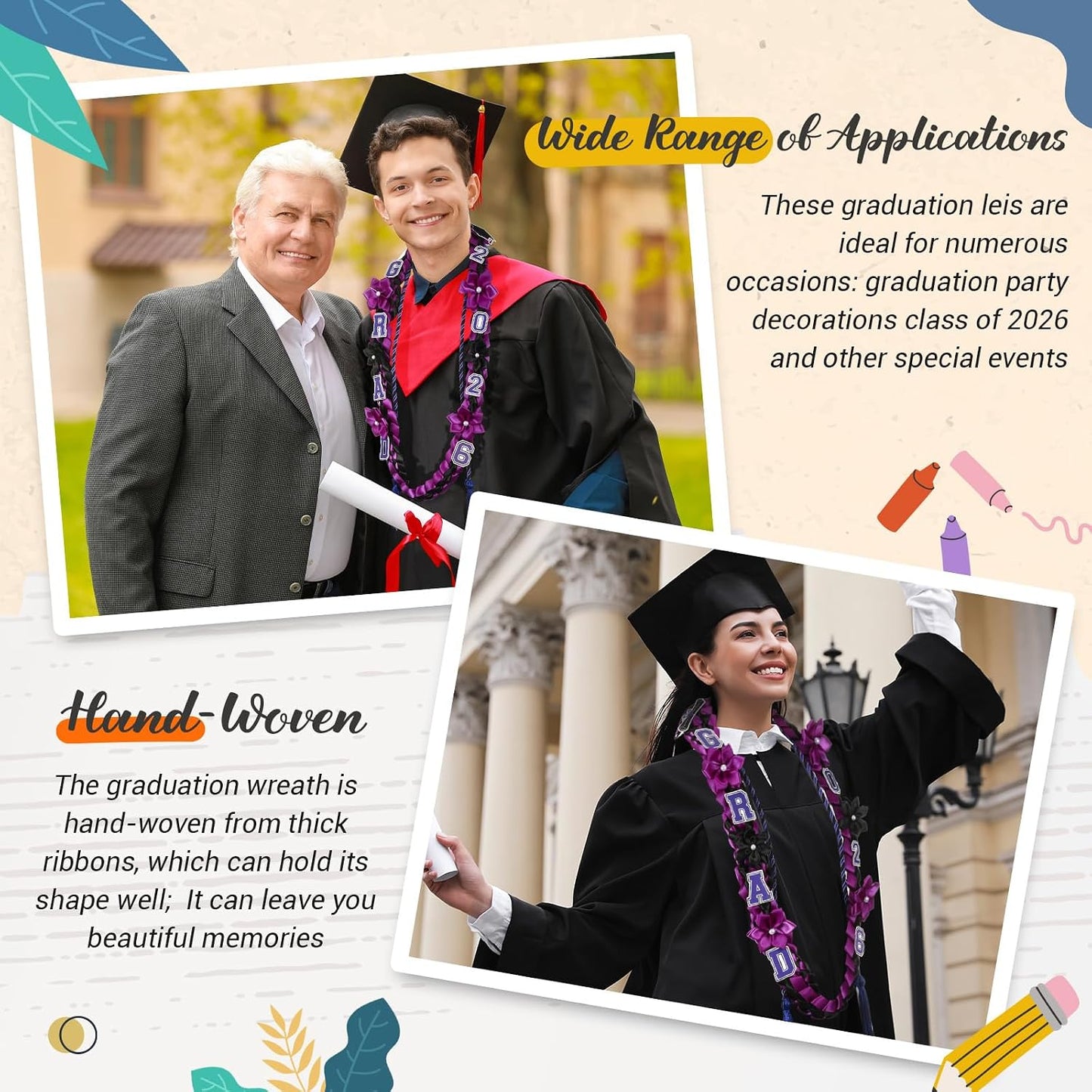 Thiccywoov Graduation Ribbon Lei Class of 2026 Grad Lei Kit Graduation Double Braided Necklace with Honor Cord for Graduate Women Men High School College Grad Party Supplies(Purple, Black) BST326H