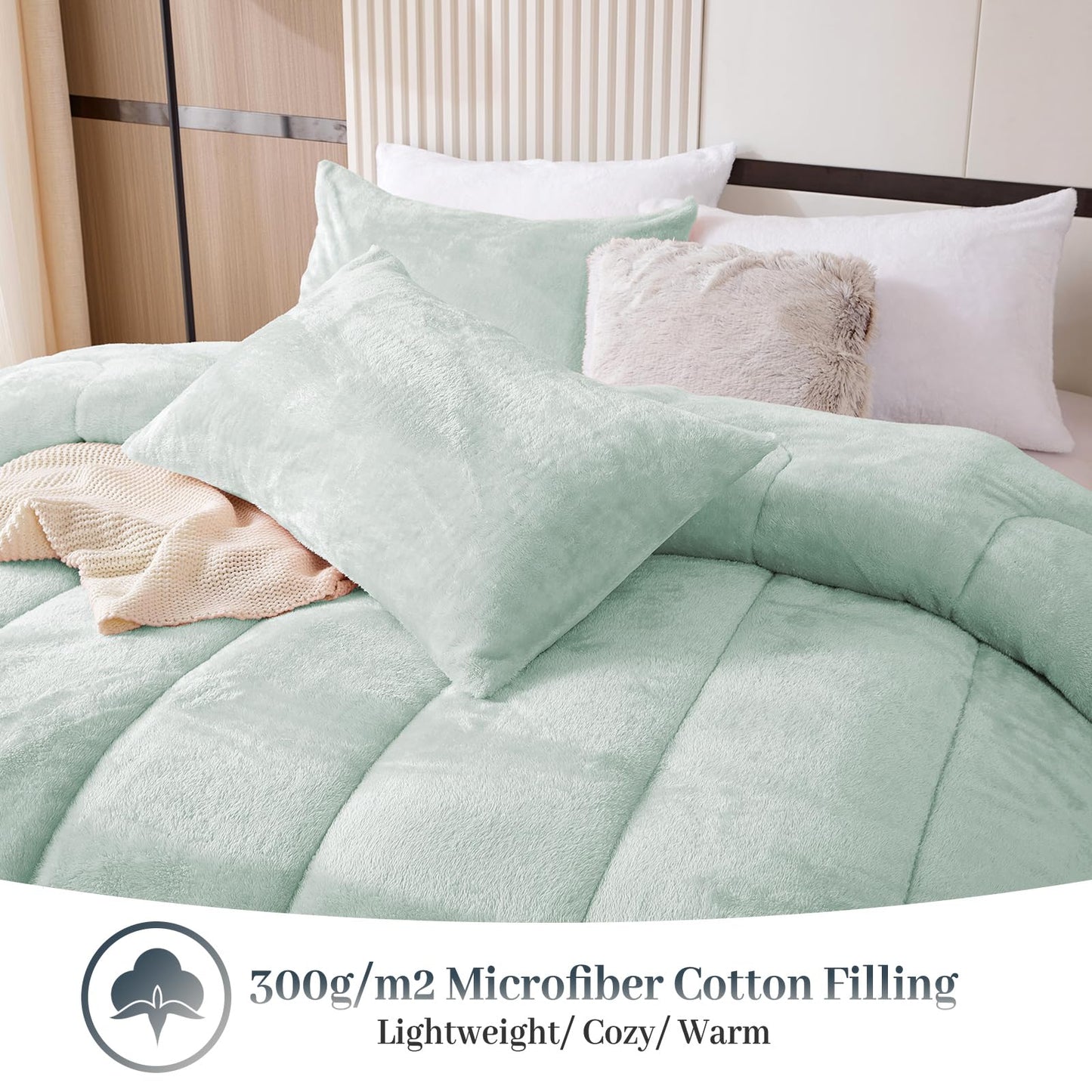 YIYEA Fluffy Queen Size Comforter Set, Luxury Faux Fur Comforter, Ultra Soft Plush Fuzzy Velvet Bedding Comforter Sets for Fall Winter, Cozy Warmth, No Shedding, 3PC, Queen, Light Grey BST326H