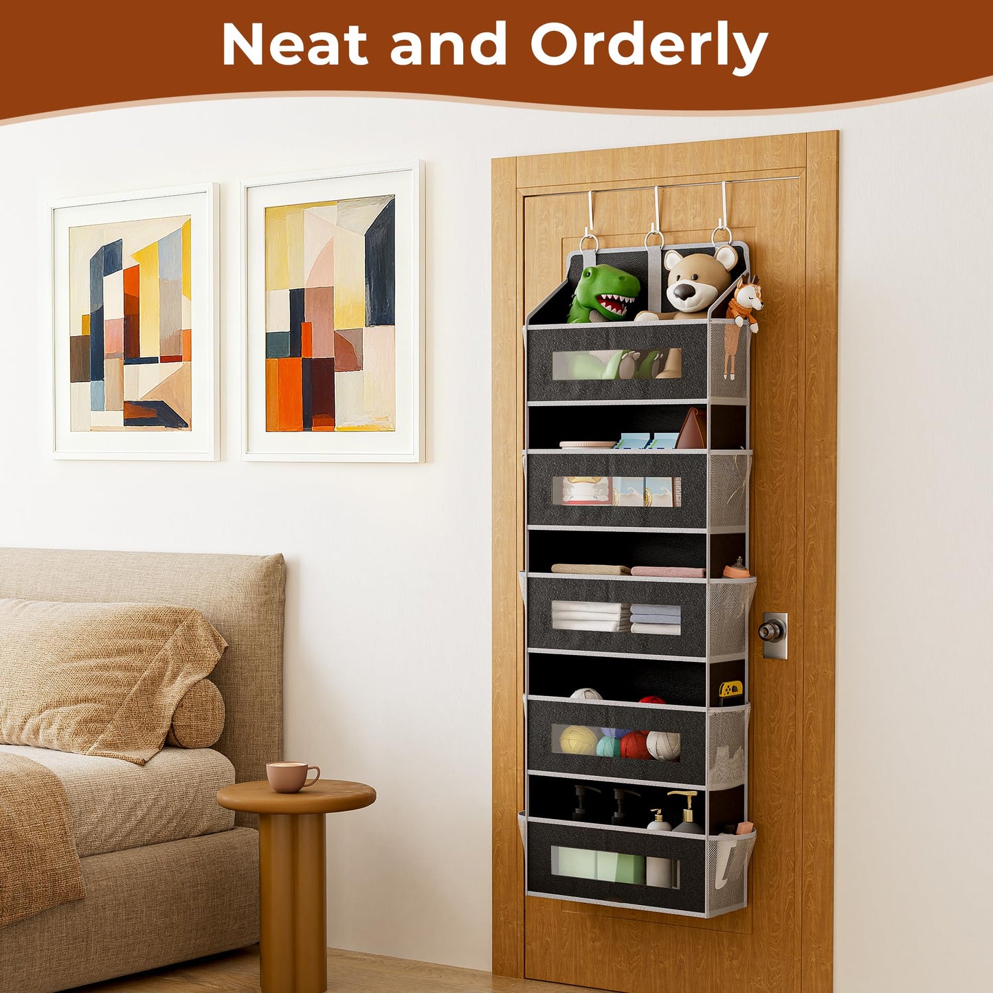 5 Tier Over The Door Organizer - Large Capacity Behind Door Hanging Shelves with 10 Mesh Pockets and Clear Windows, Closet Organizers and Storage for Bathroom, Bedroom, Nursery, Grey BST326H