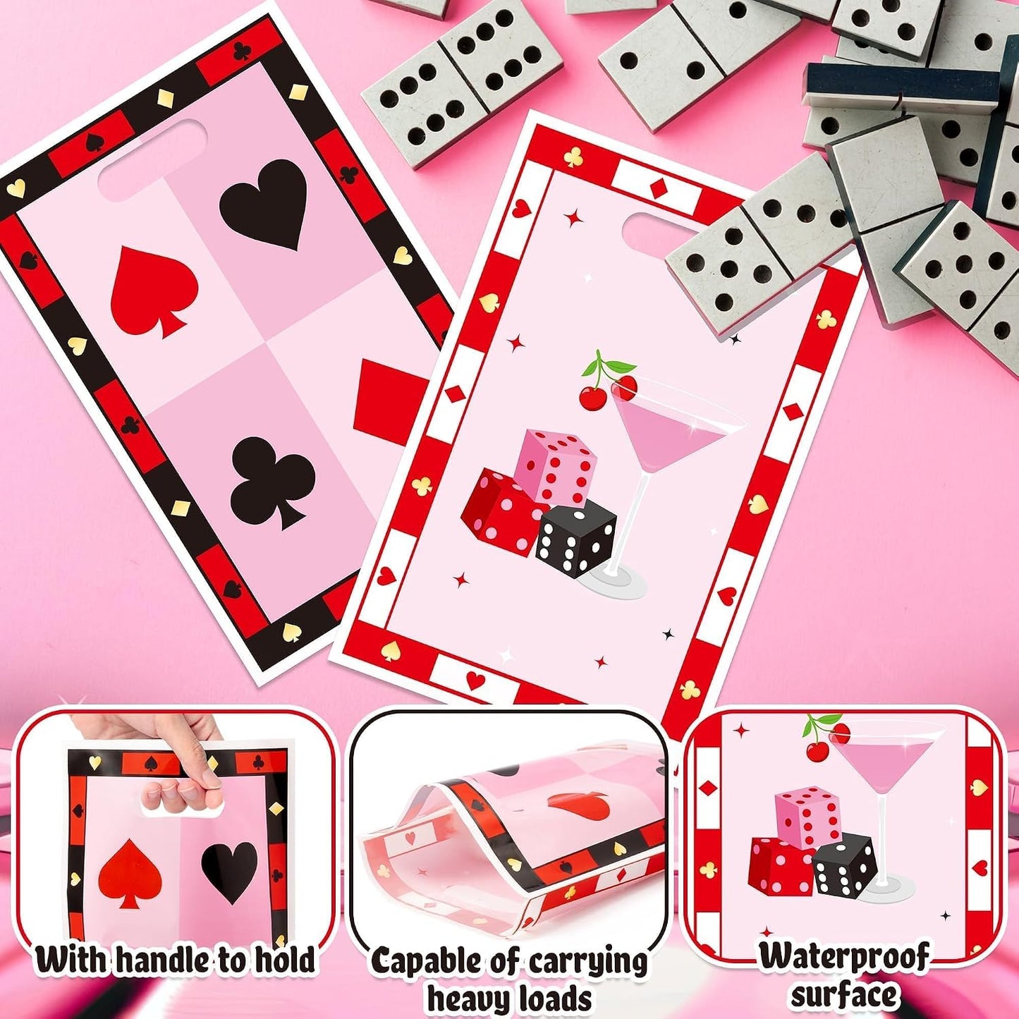 Salovio Pink Casino Party Favor Bags 50Pcs Candy Cookie Treat Goodie Plastic Bags with Handle for Birthday Music Party Supplies Casino Game Night Poker Events Carnival Wedding for Adults Womens Mens BST202