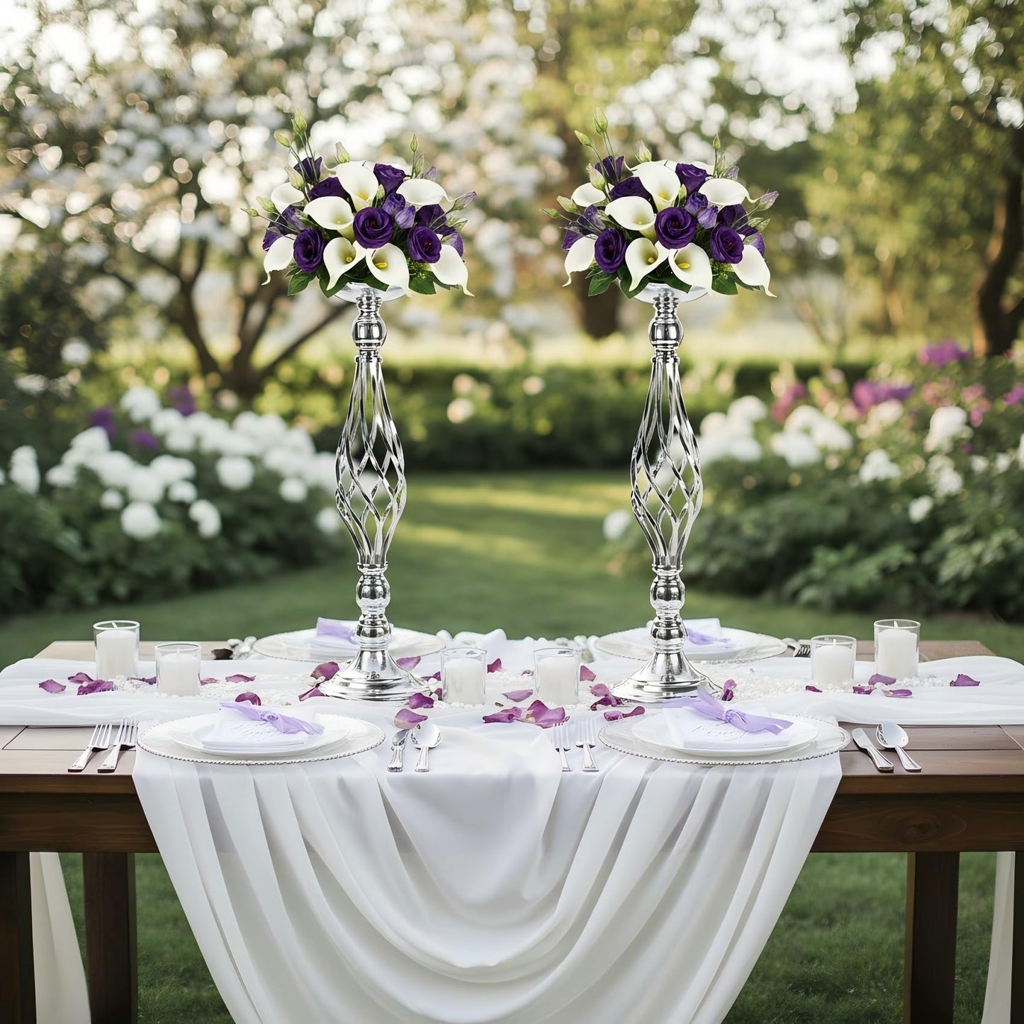 2pcs Metal Silver Candle Holders Road Lead Table Centerpiece Stand Pillar Candlestick for Wedding Candelabra Flowers Vases WN420