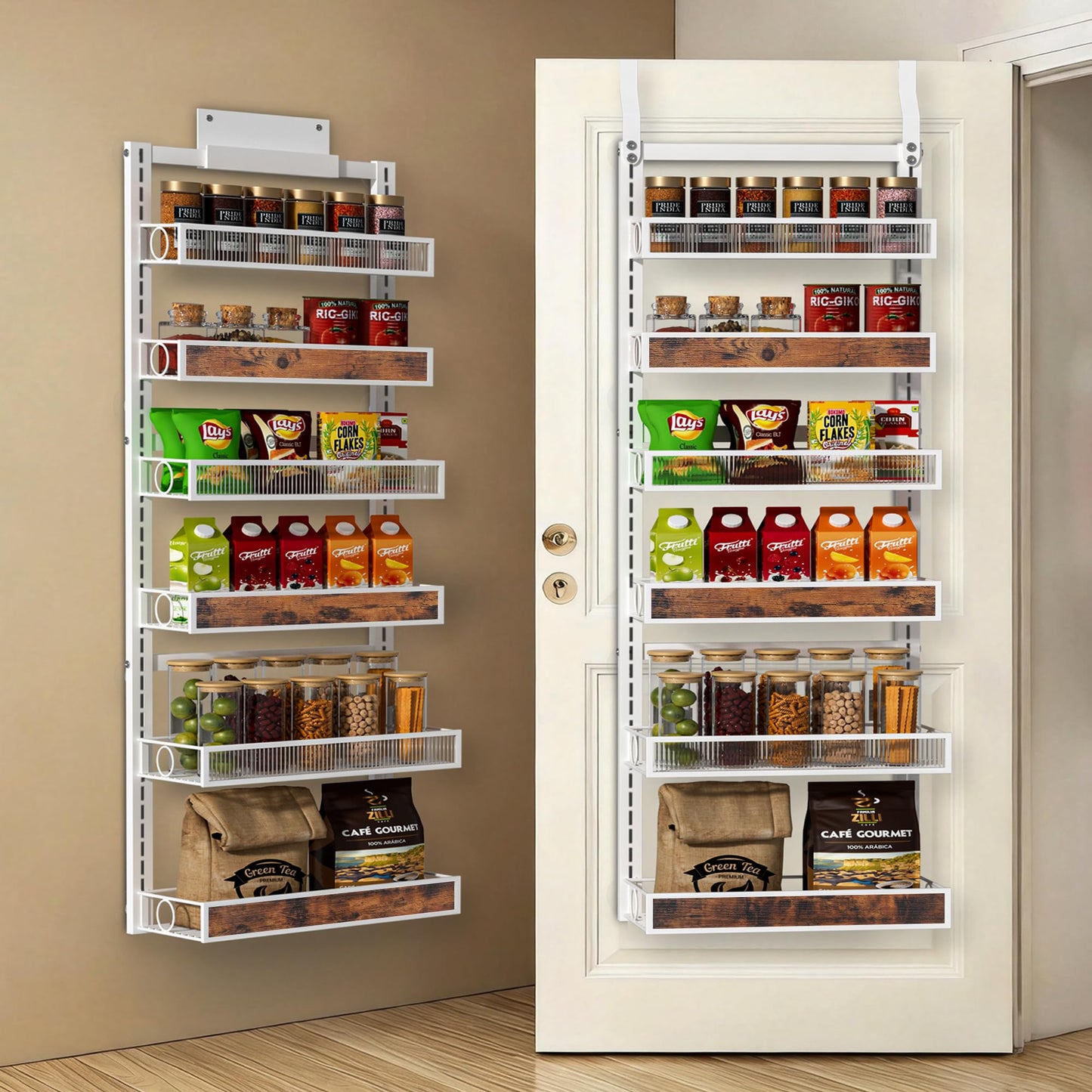 6 Tier Pantry Door Organizer Spice Rack, 2-IN-1 Wall Mount or Hanging Over Door Seasoning Organizer with Adjustable Baskets, Heavy Duty Behind Door Storage Shelves for Pantry, Cabinet and Kitchen BST220